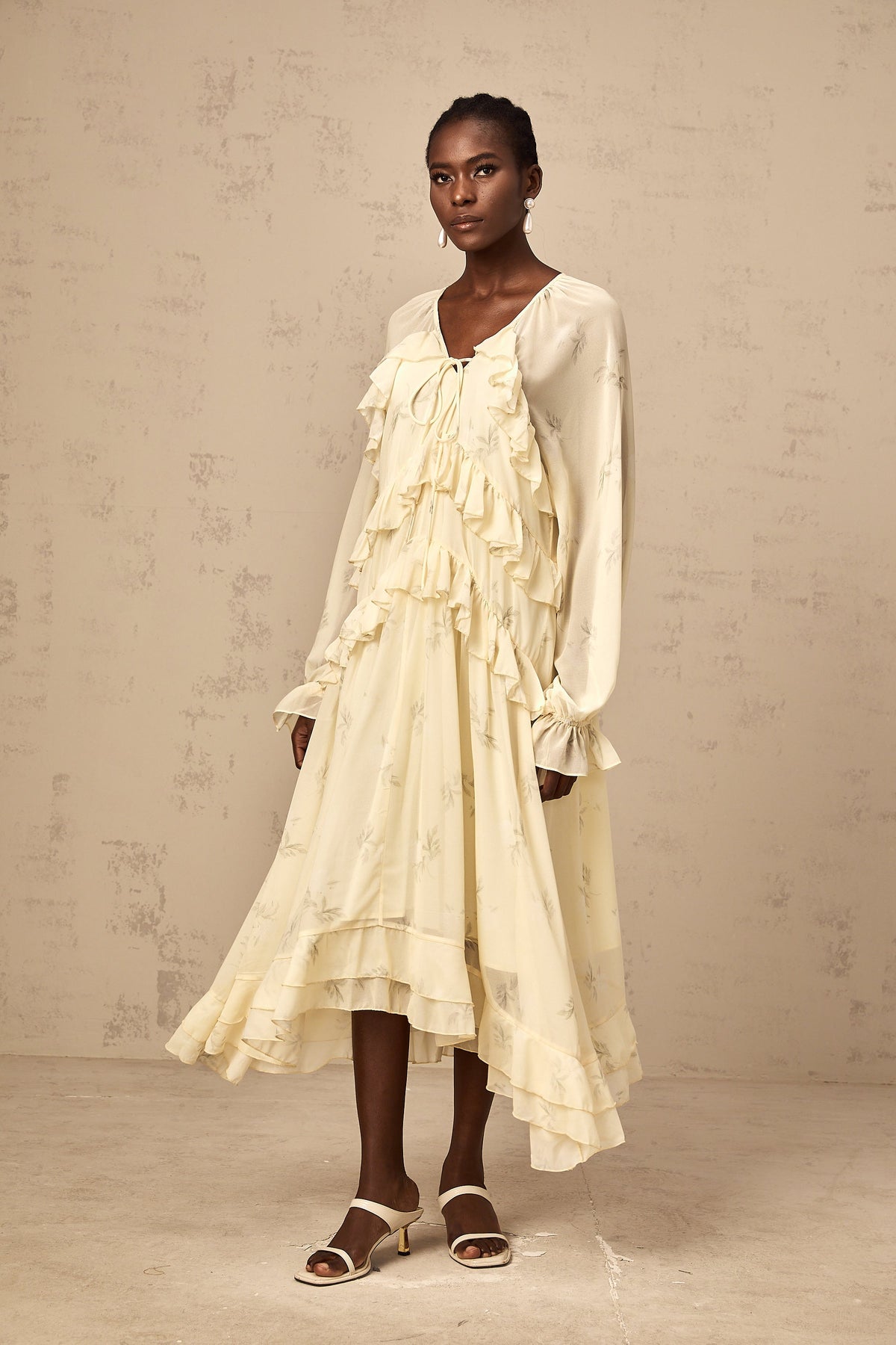 Oriane yellow floral-print ruffled chiffon midi dress
