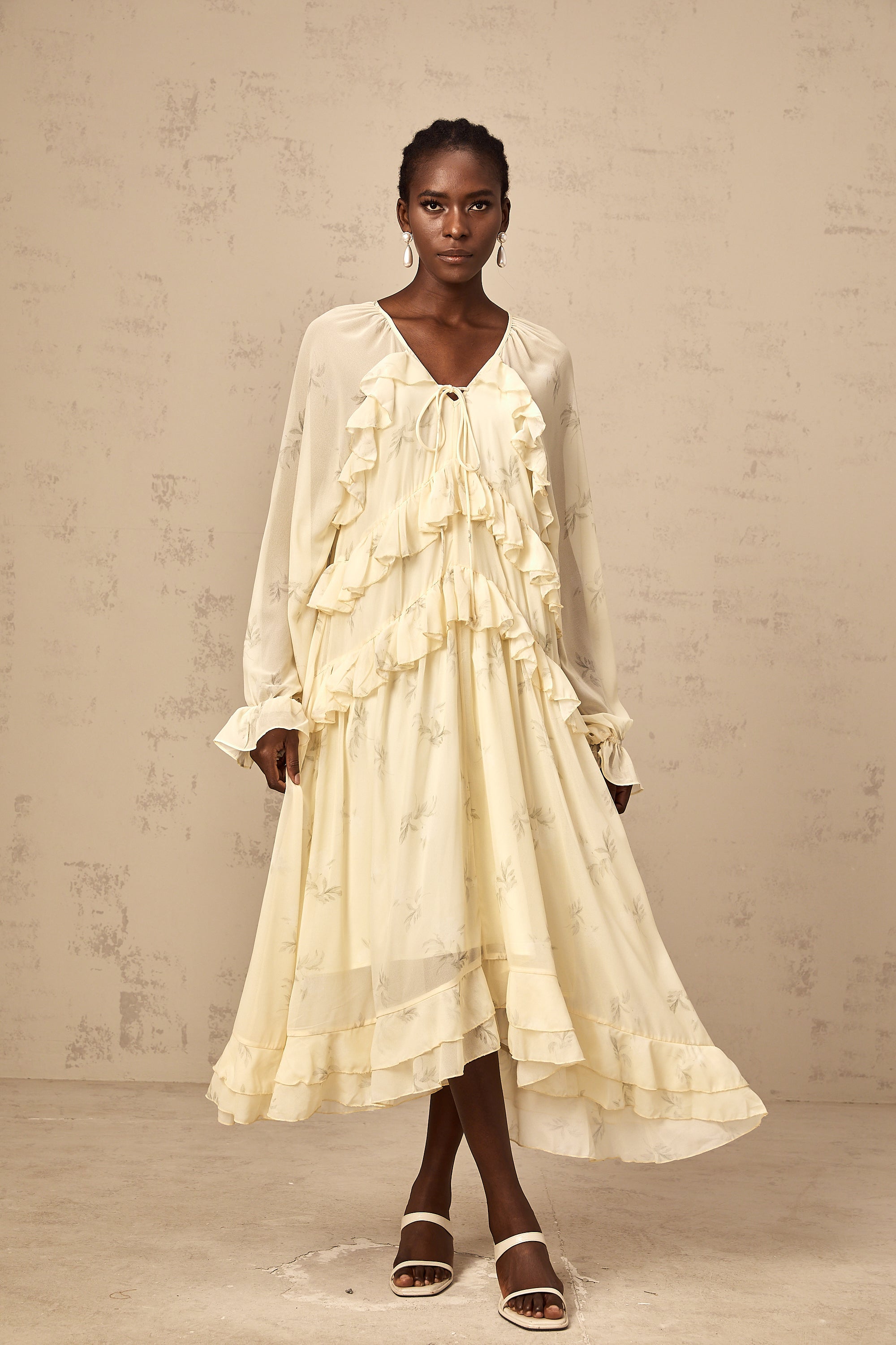 Oriane yellow floral-print ruffled chiffon midi dress