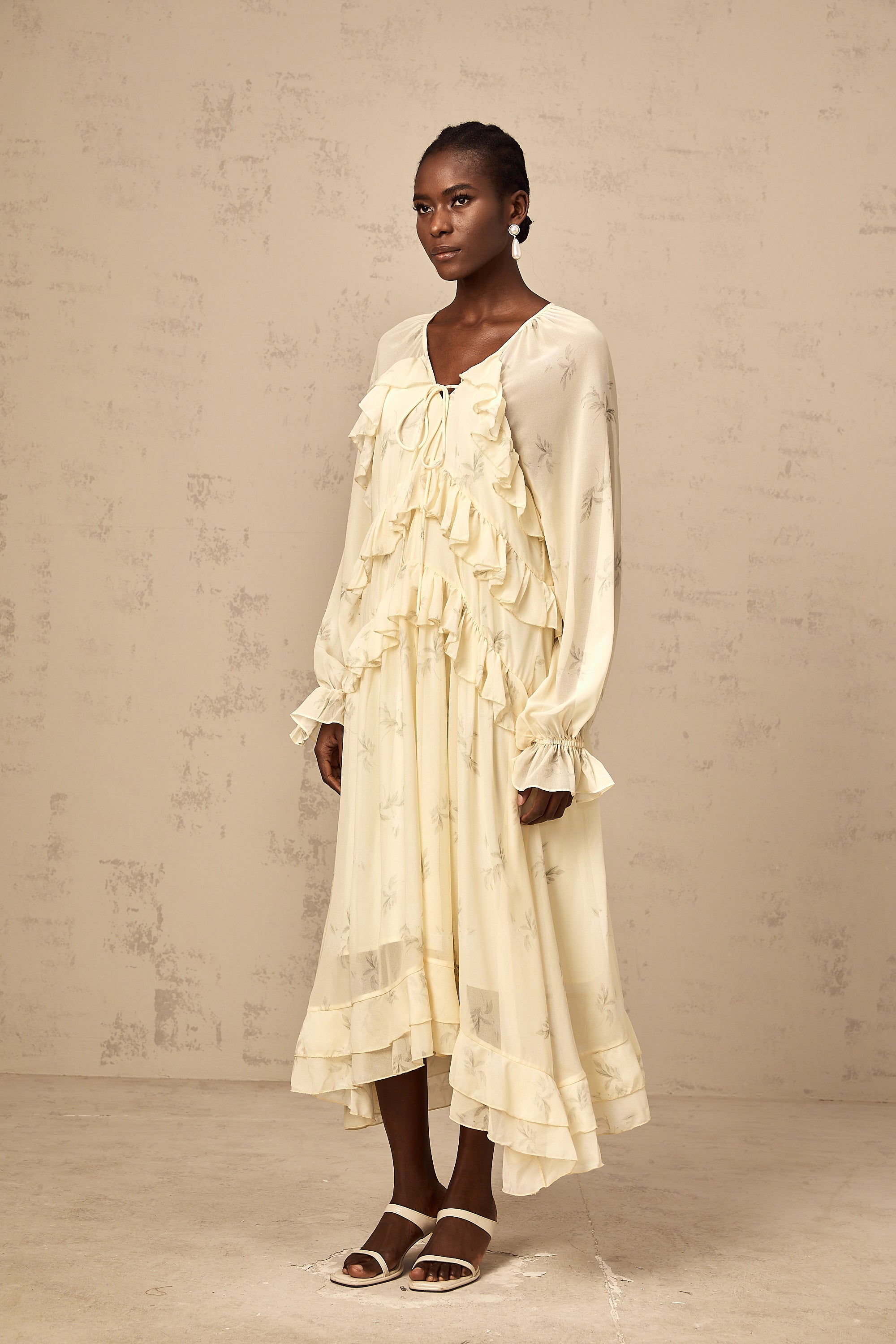Oriane yellow floral-print ruffled chiffon midi dress