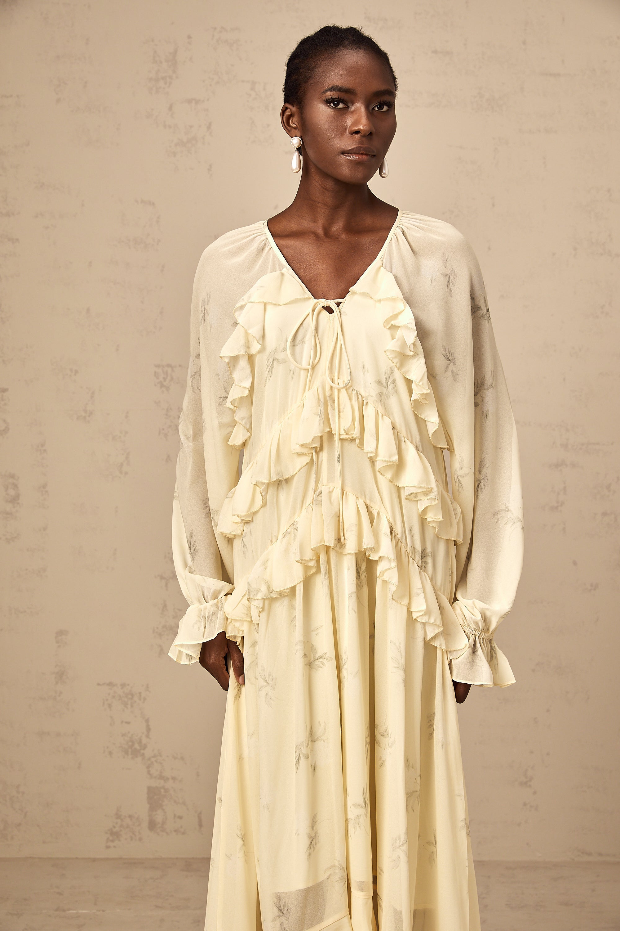 Oriane yellow floral-print ruffled chiffon midi dress