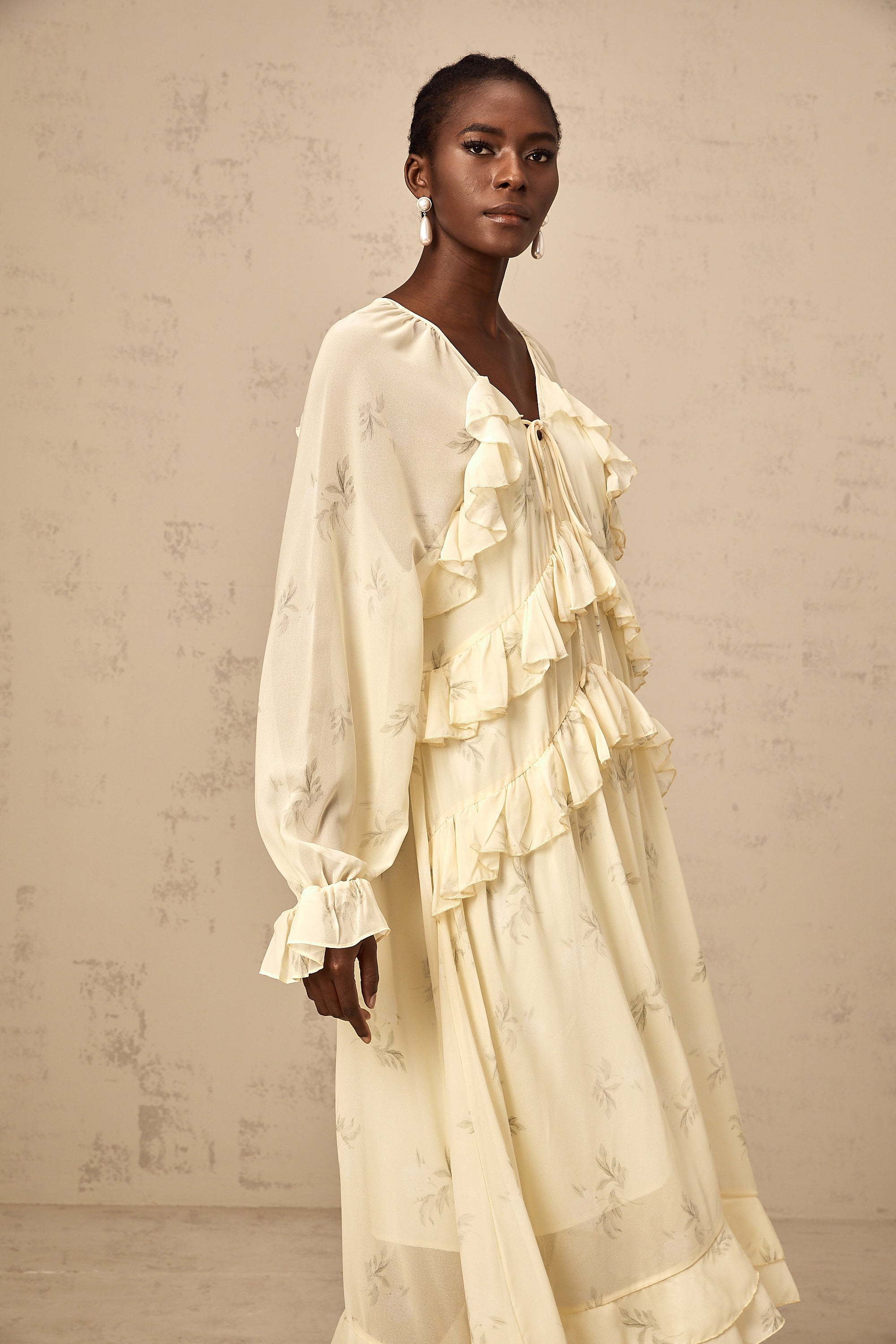 Oriane yellow floral-print ruffled chiffon midi dress