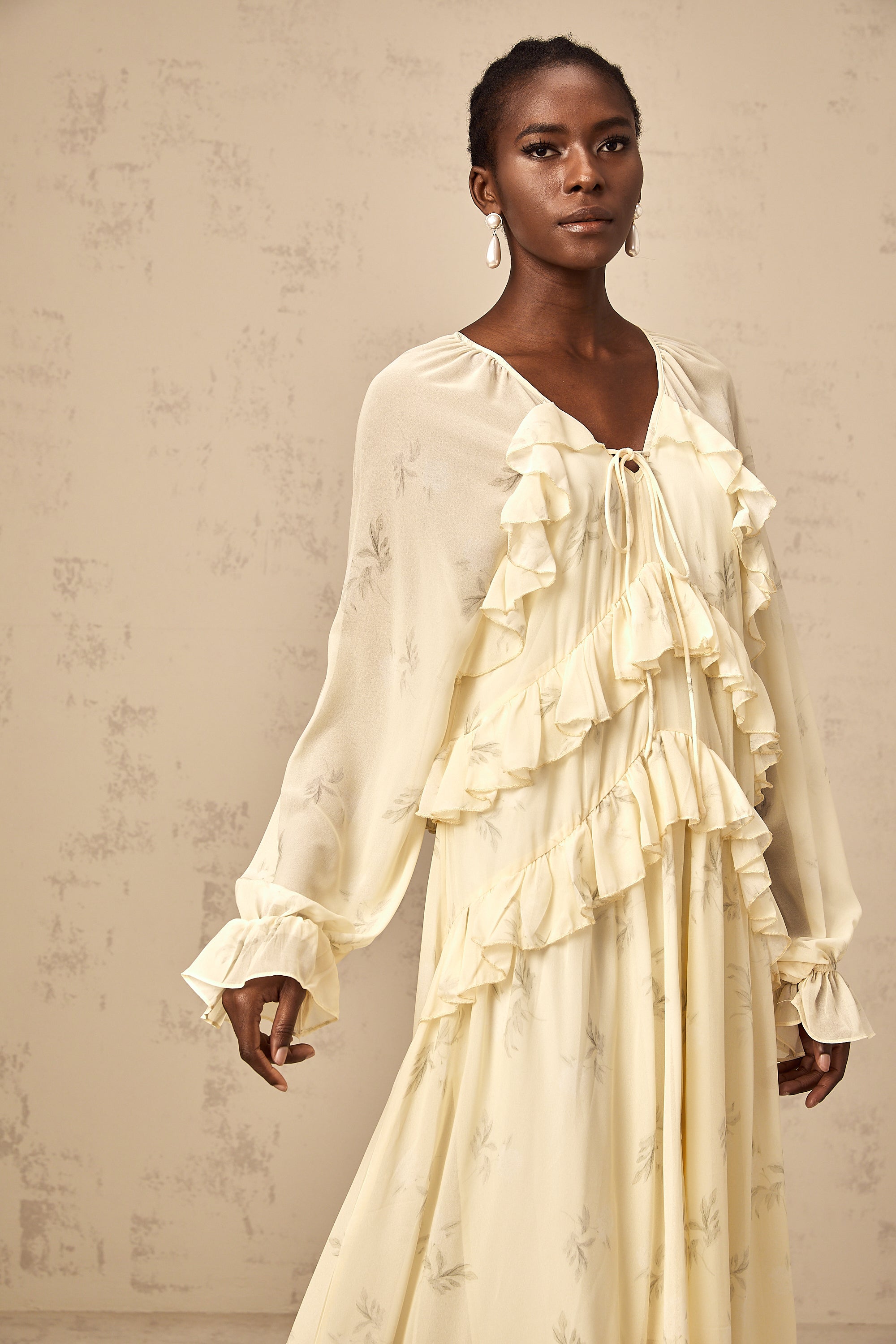 Oriane yellow floral-print ruffled chiffon midi dress