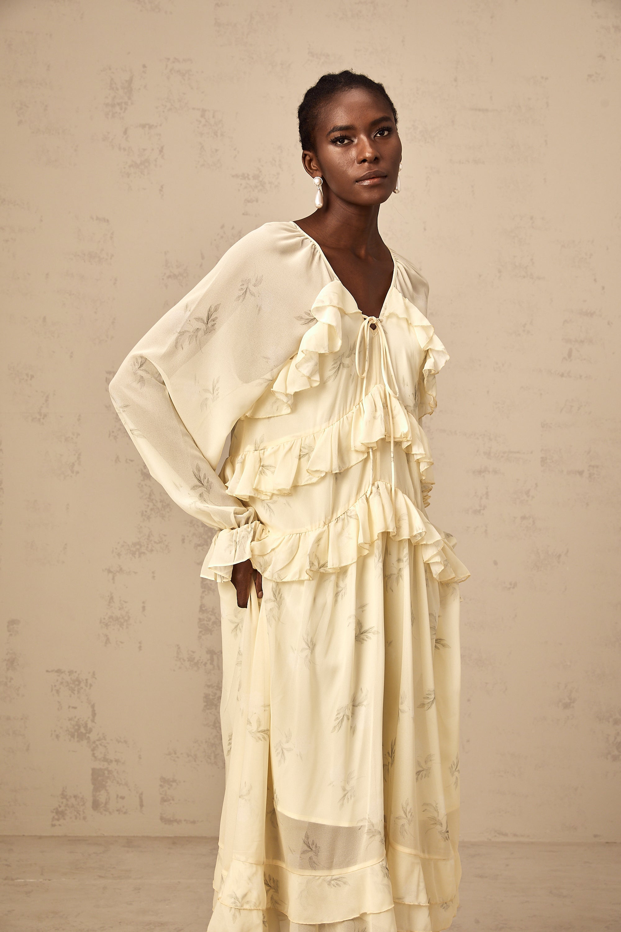 Oriane yellow floral-print ruffled chiffon midi dress