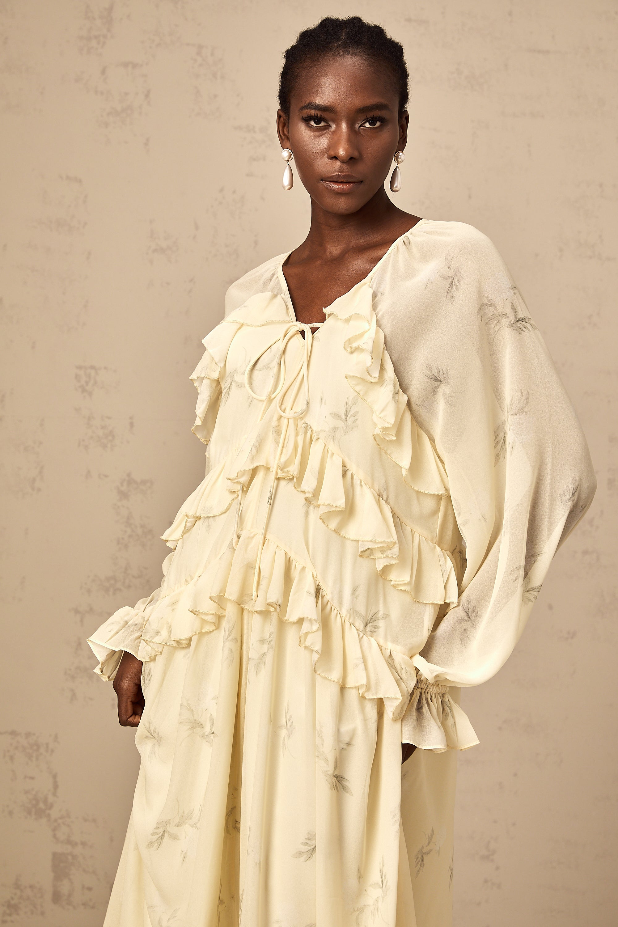 Oriane yellow floral-print ruffled chiffon midi dress