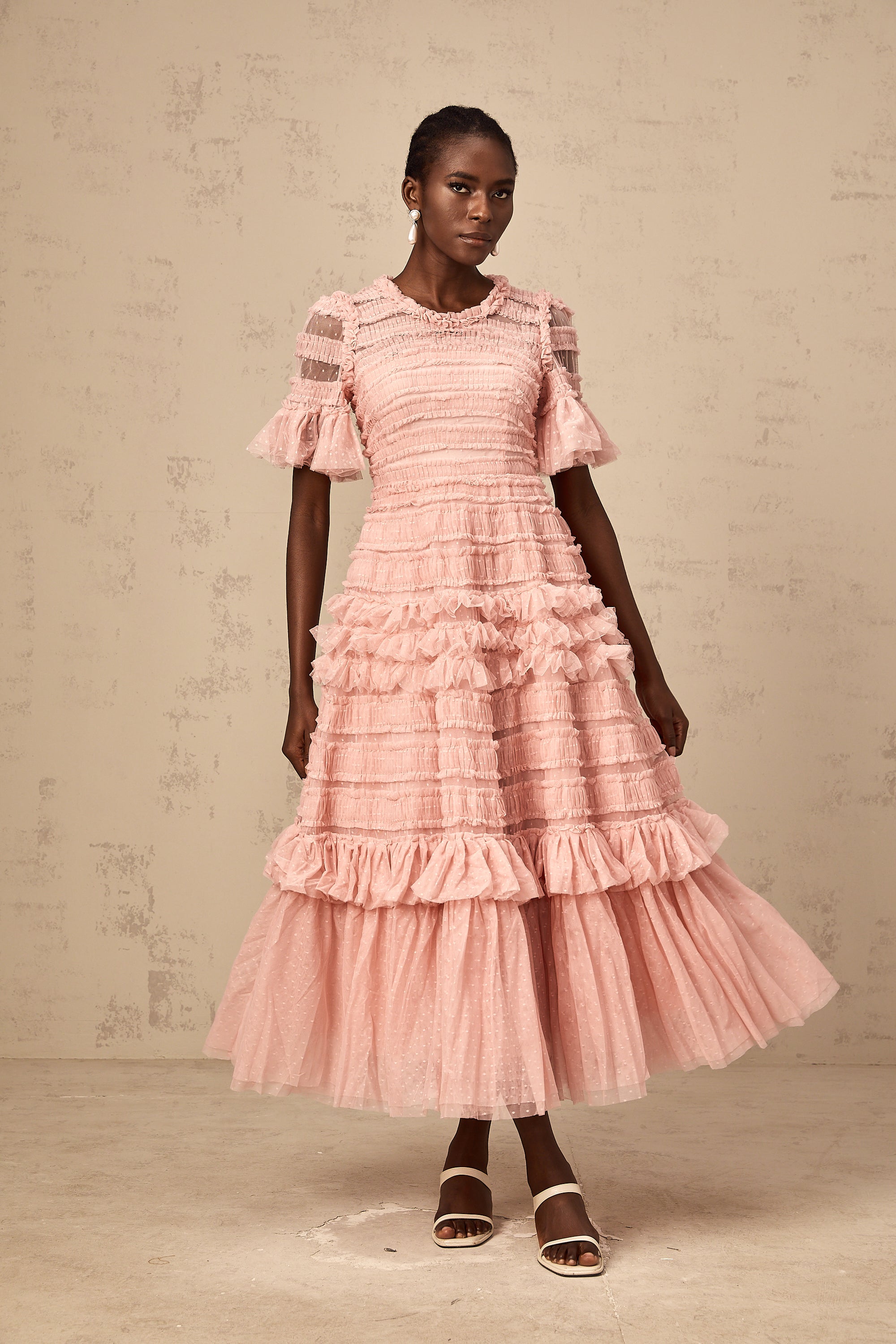 Aimée pink dot-detail ruffled tulle midi dress