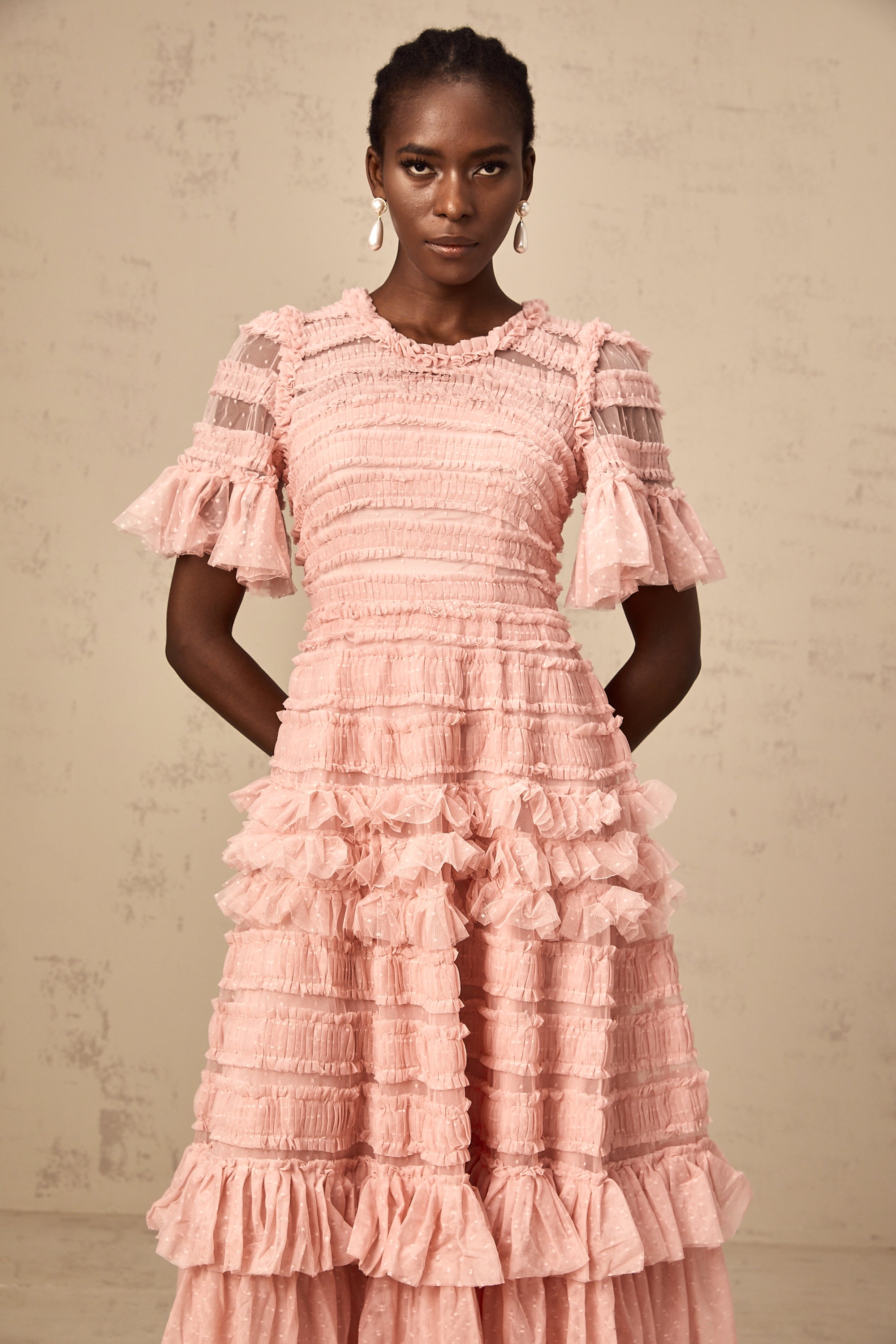 Aimée pink dot-detail ruffled tulle midi dress