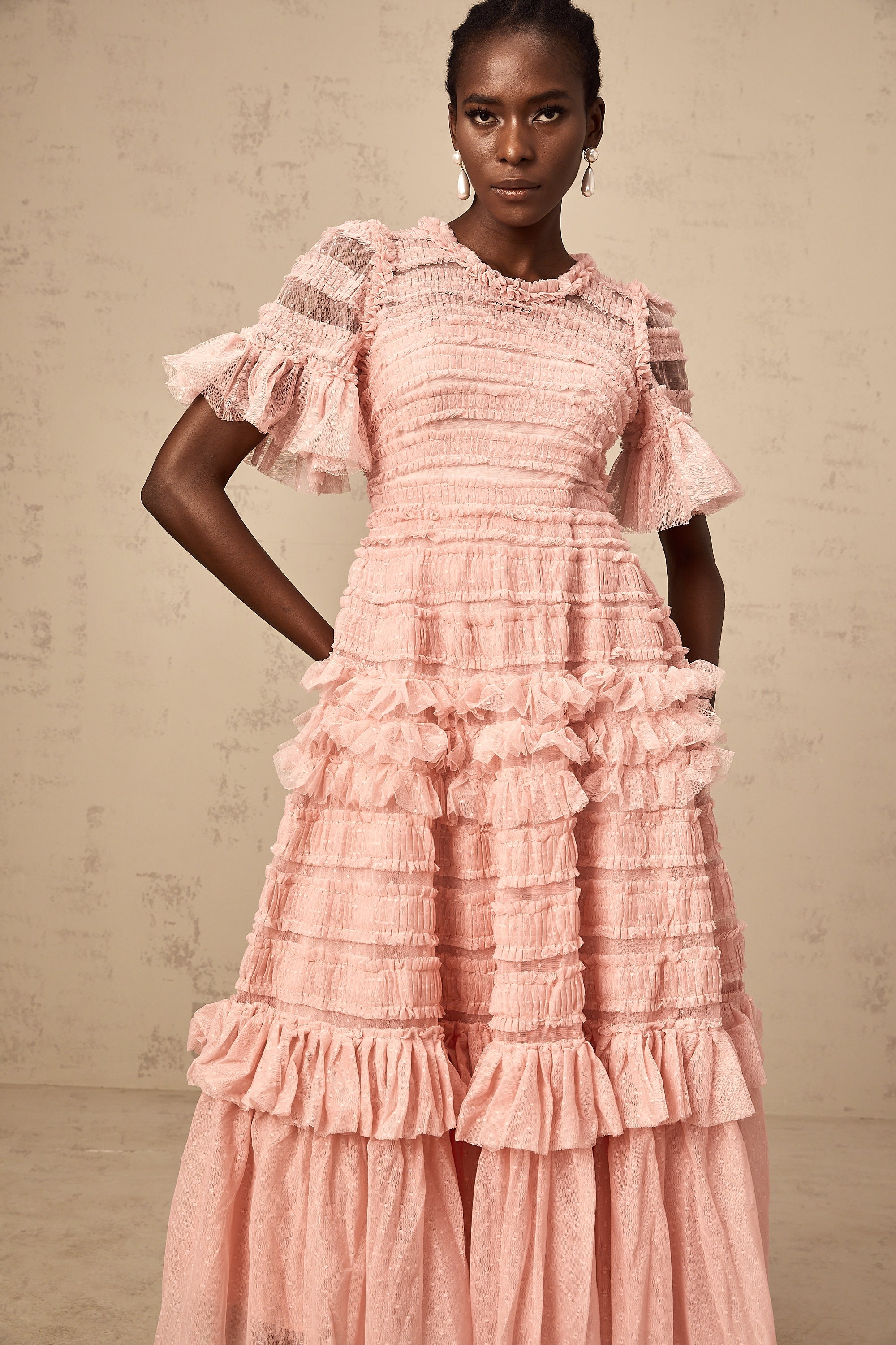 Aimée pink dot-detail ruffled tulle midi dress