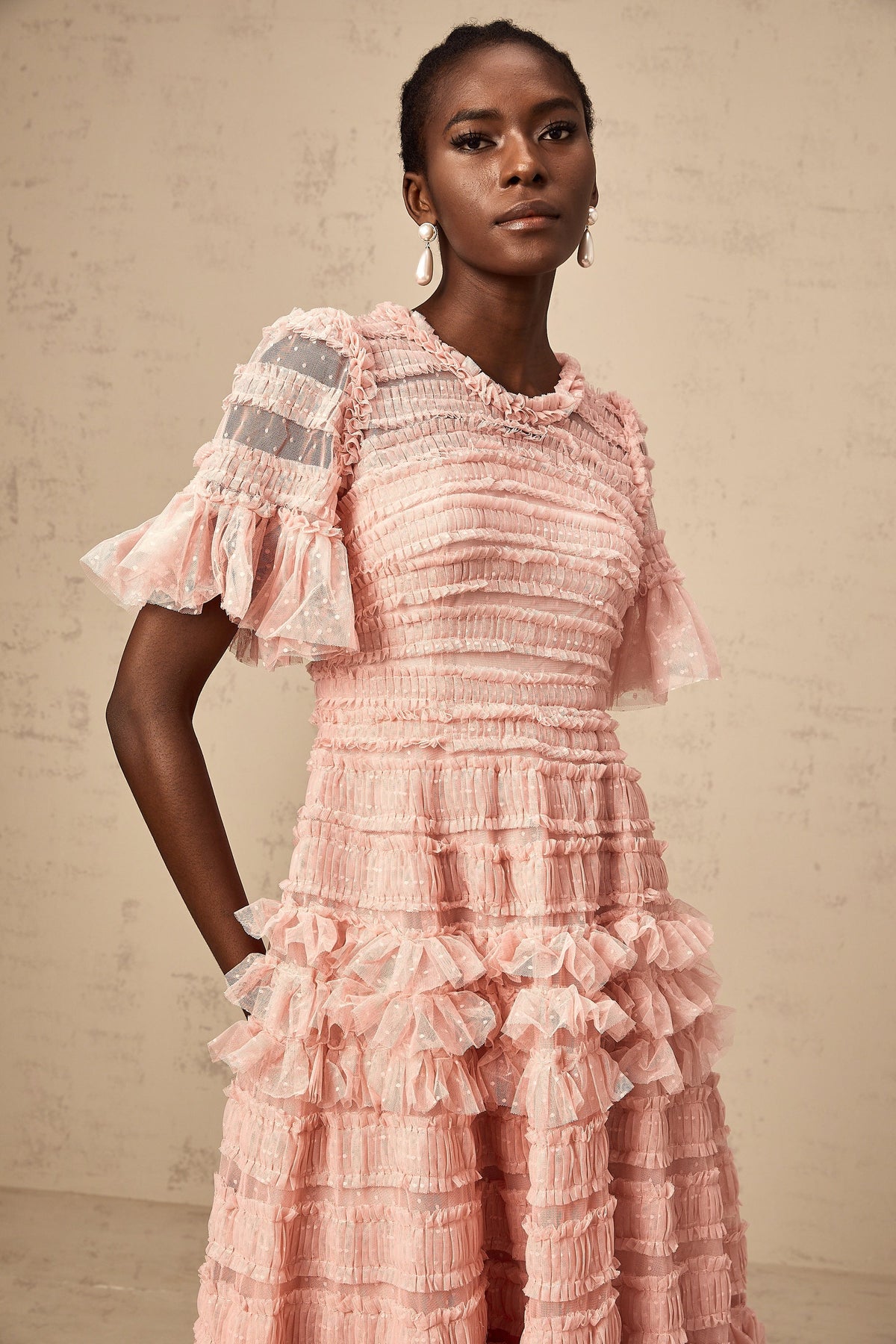 Aimée pink dot-detail ruffled tulle midi dress