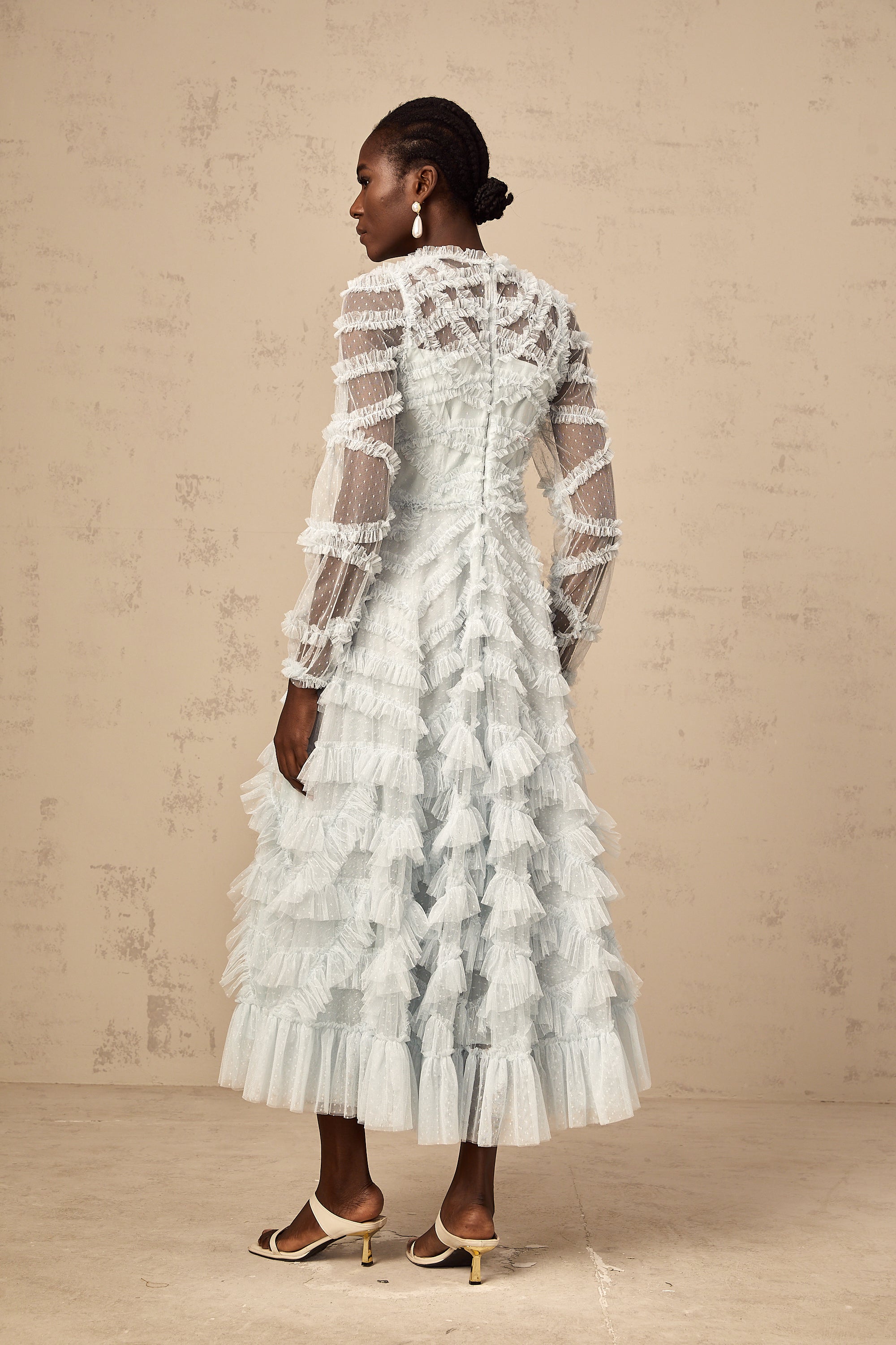 Adélaïde blue dot-detail ruffled midi dress
