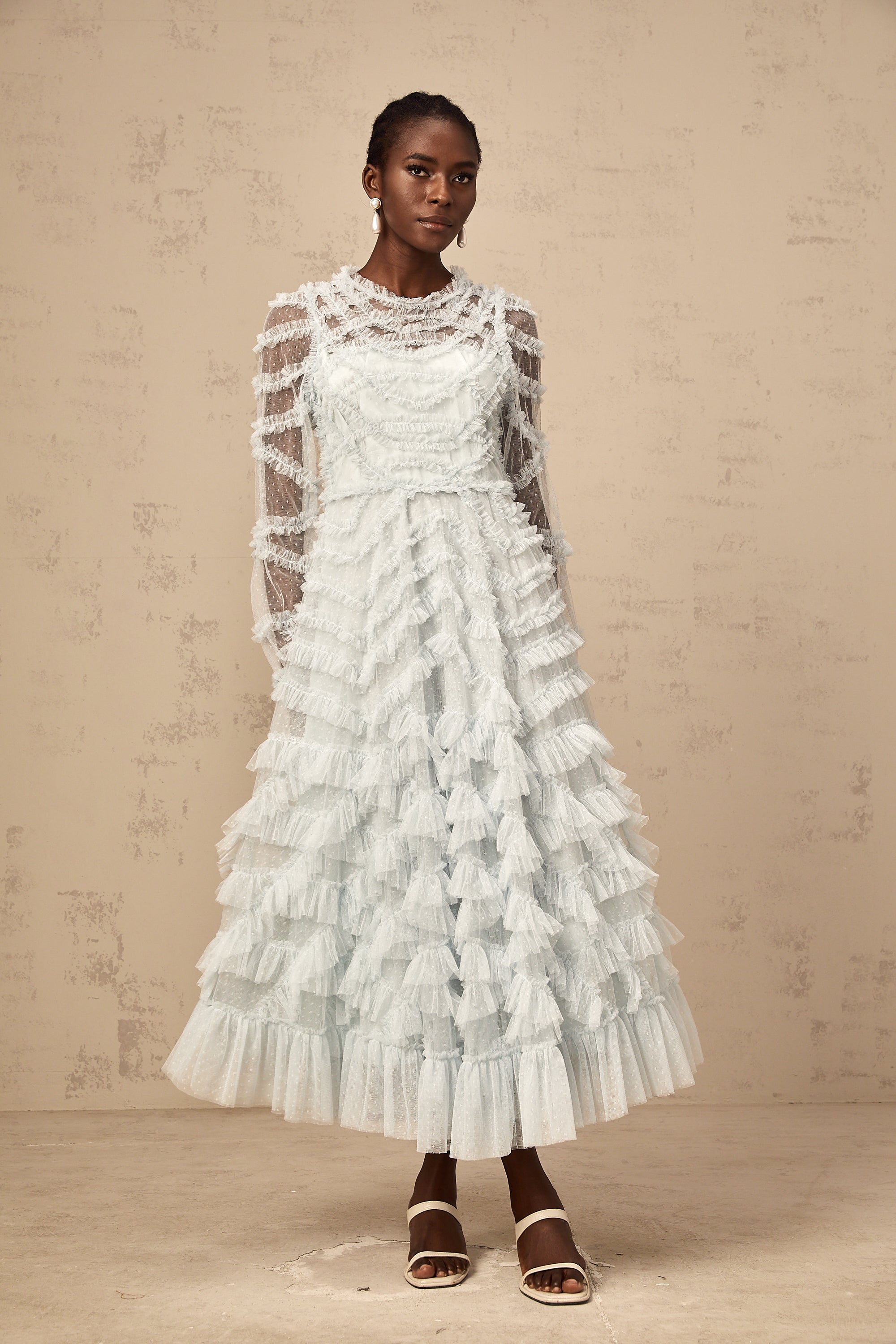 Adélaïde blue dot-detail ruffled midi dress