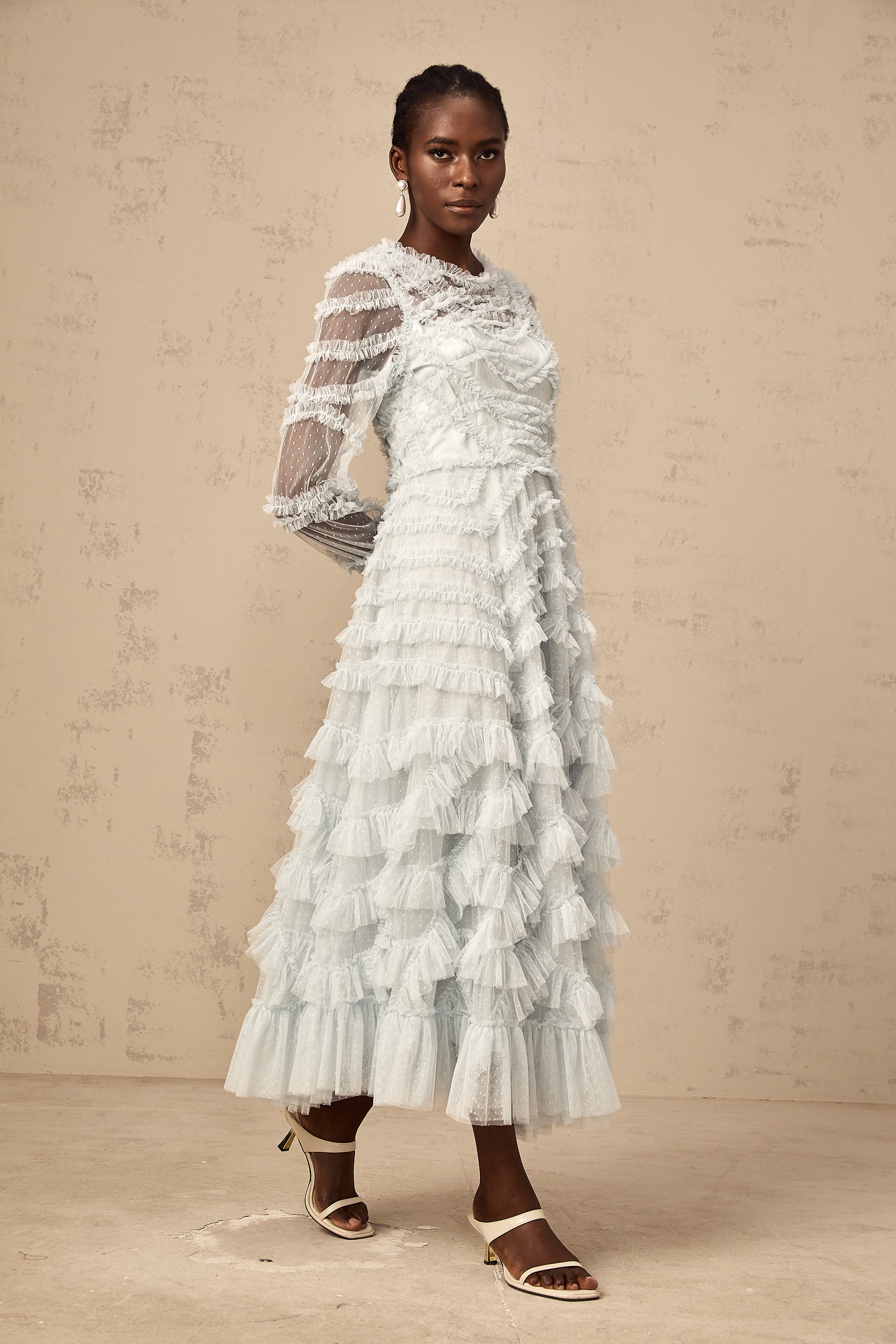 Adélaïde blue dot-detail ruffled midi dress