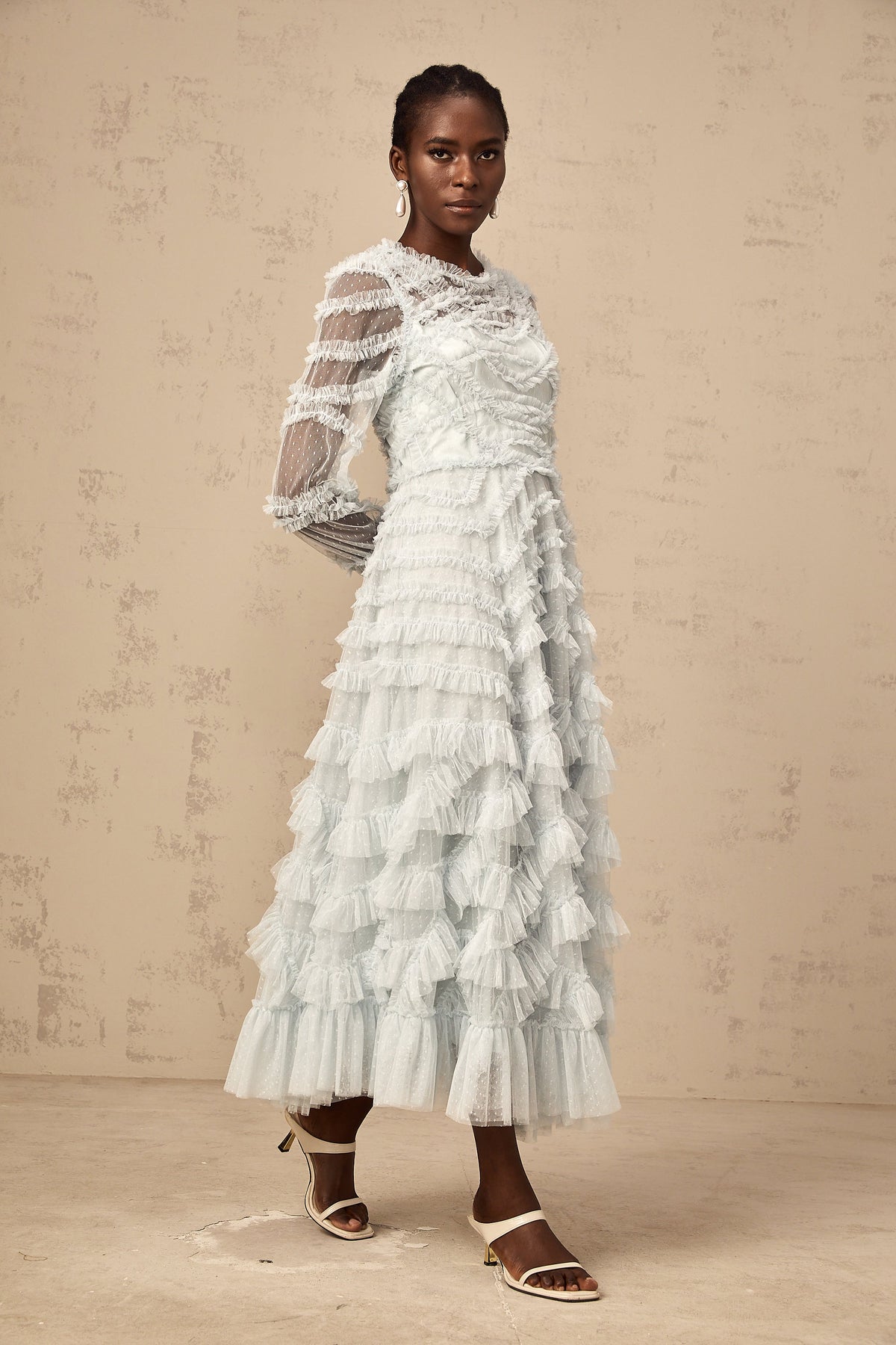 Adélaïde blue dot-detail ruffled midi dress