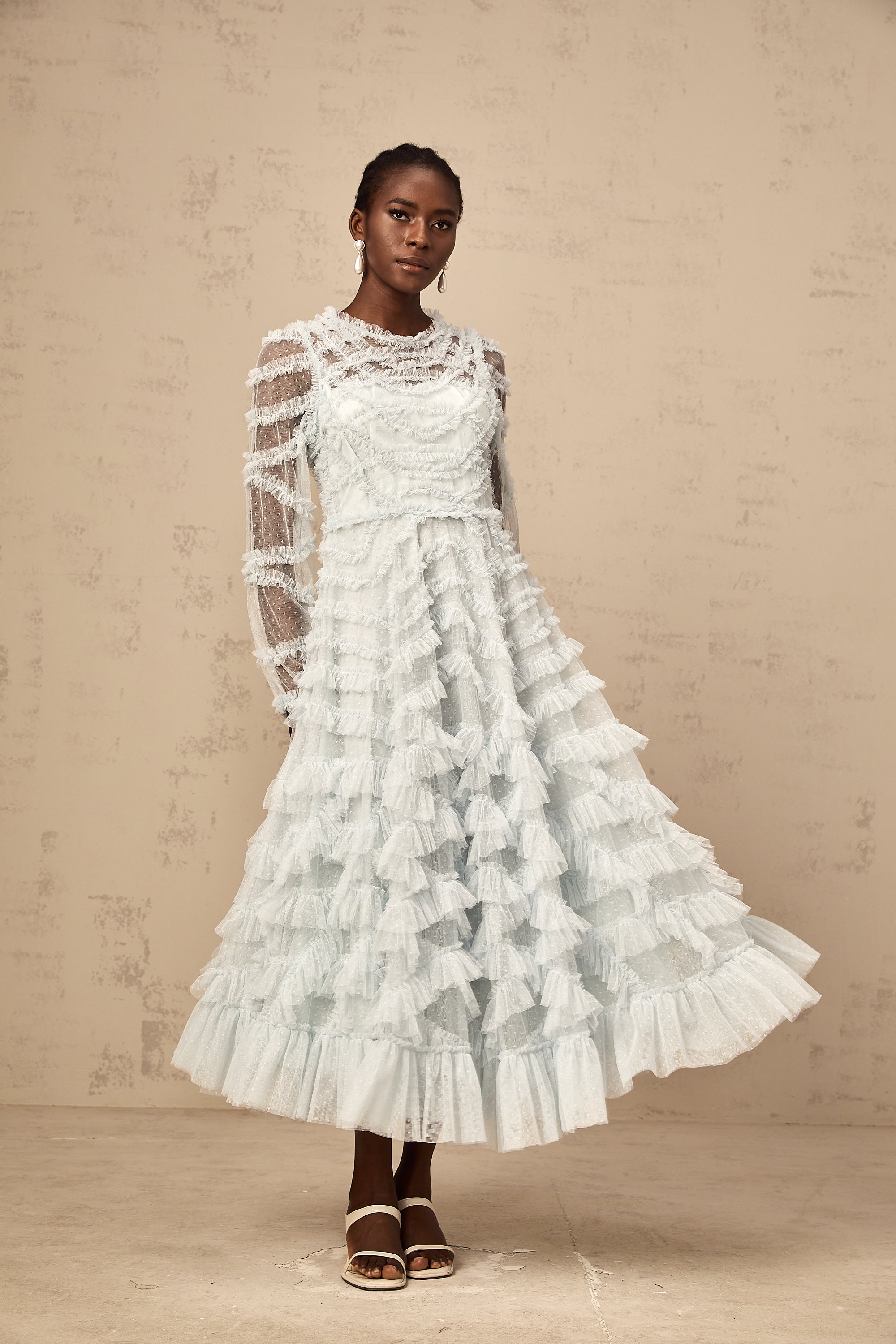 Adélaïde blue dot-detail ruffled midi dress