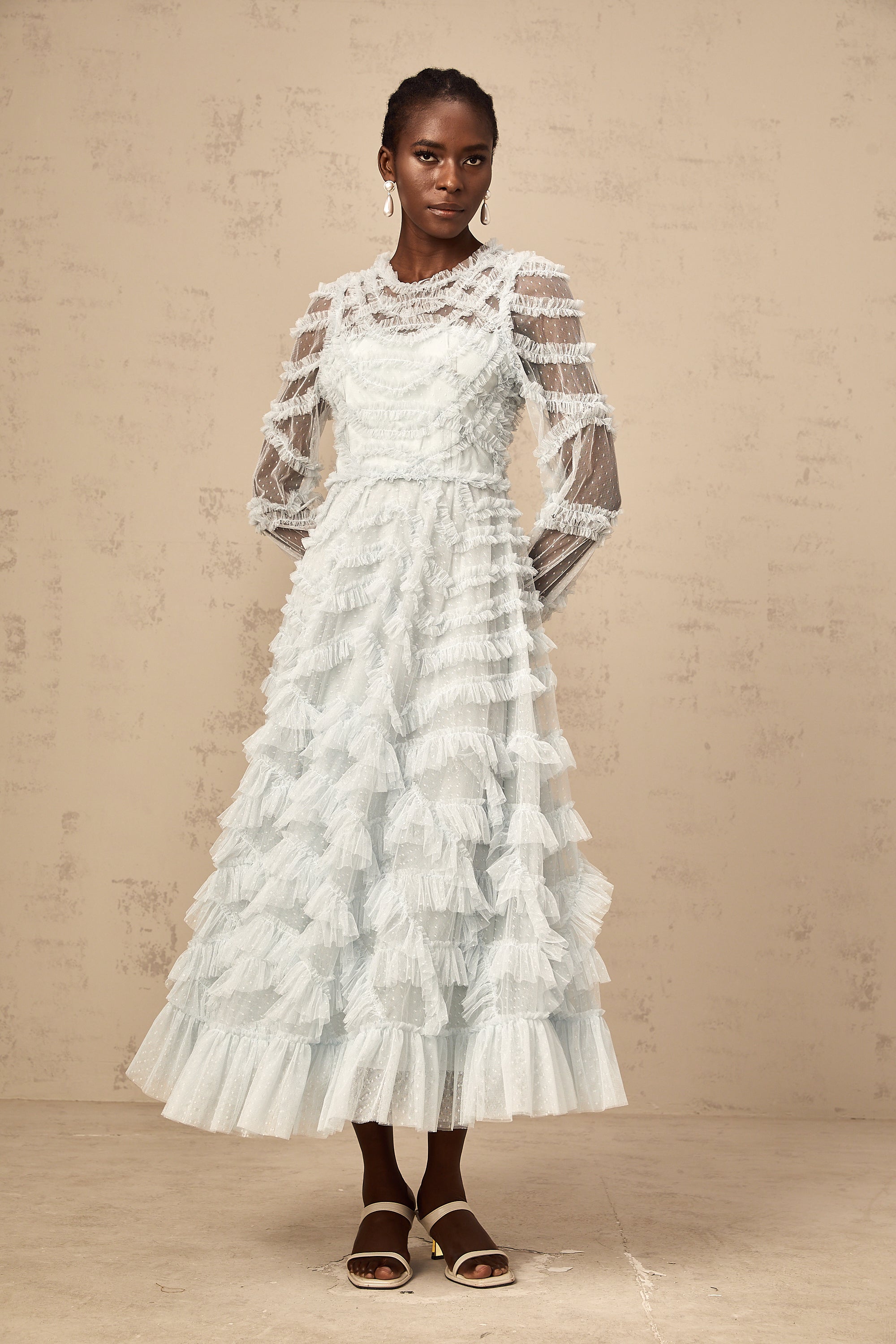 Adélaïde blue dot-detail ruffled midi dress