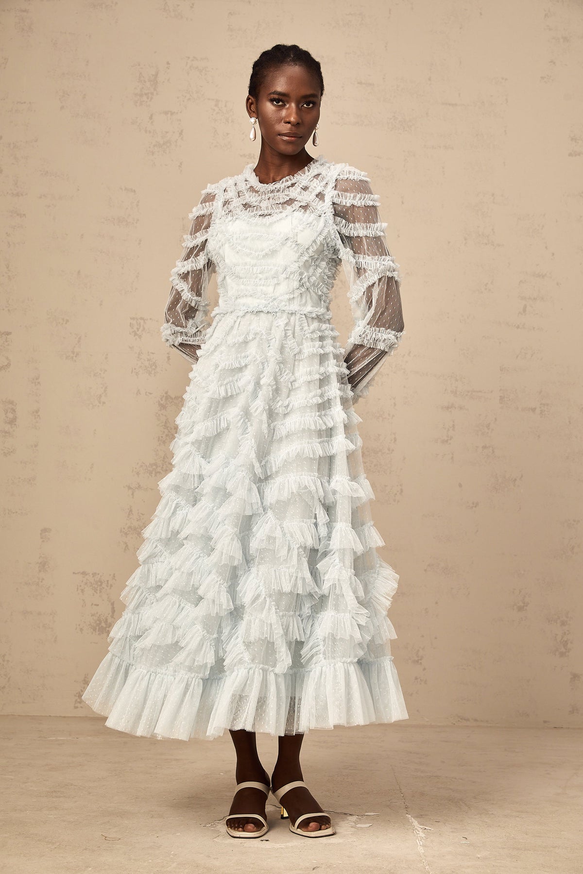 Adélaïde blue dot-detail ruffled midi dress