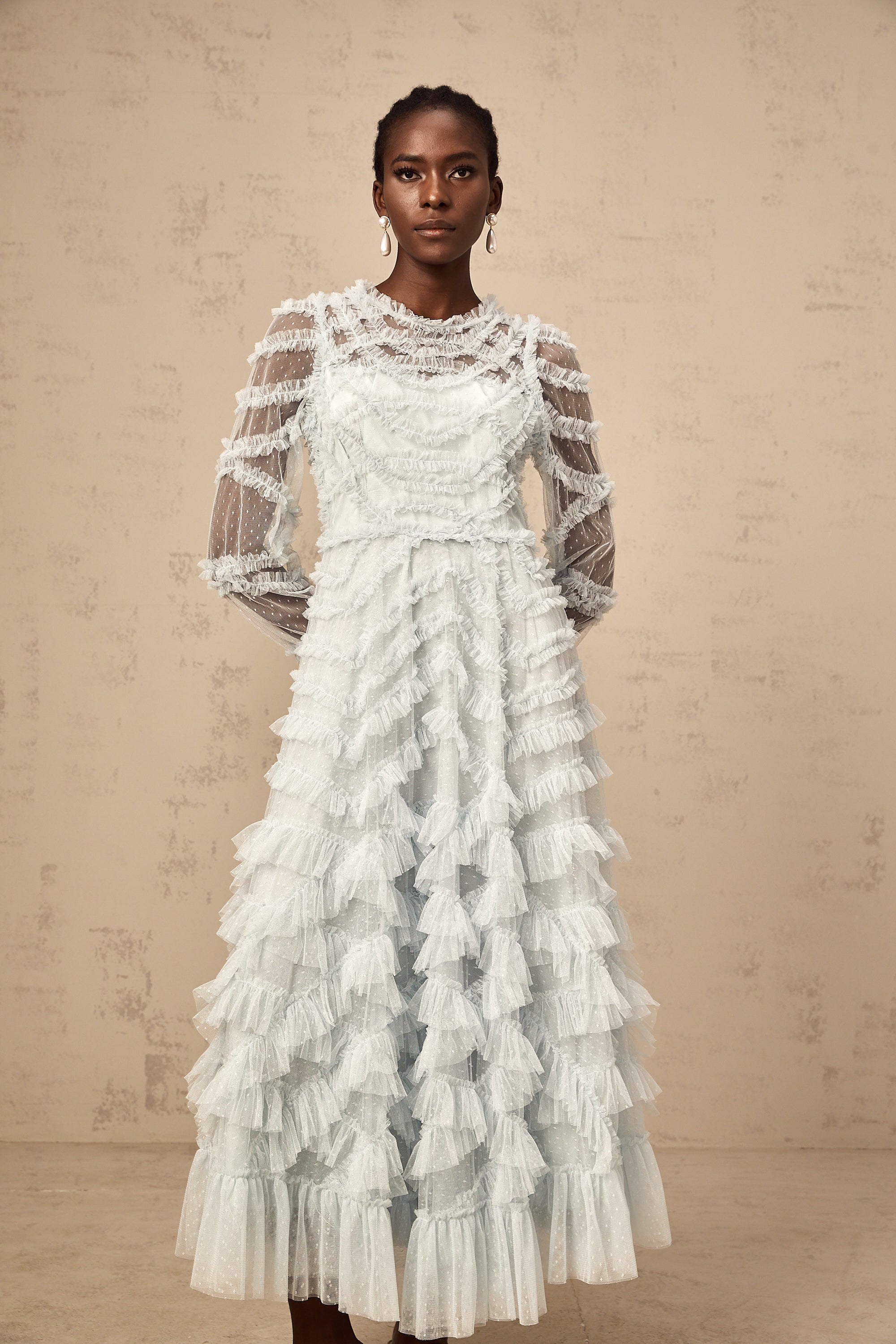 Adélaïde blue dot-detail ruffled midi dress