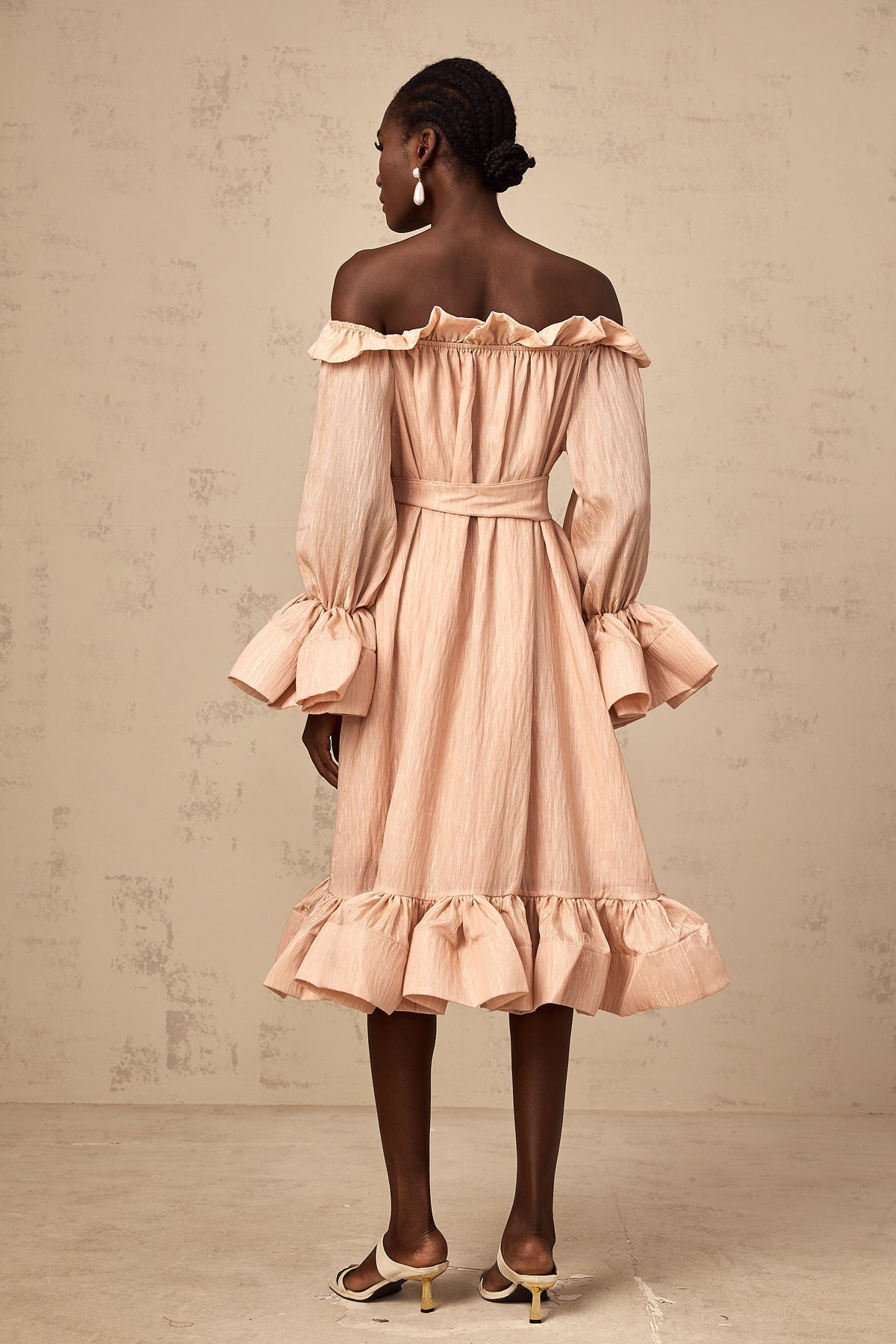 Agathe pink tied-waist ruffled midi dress