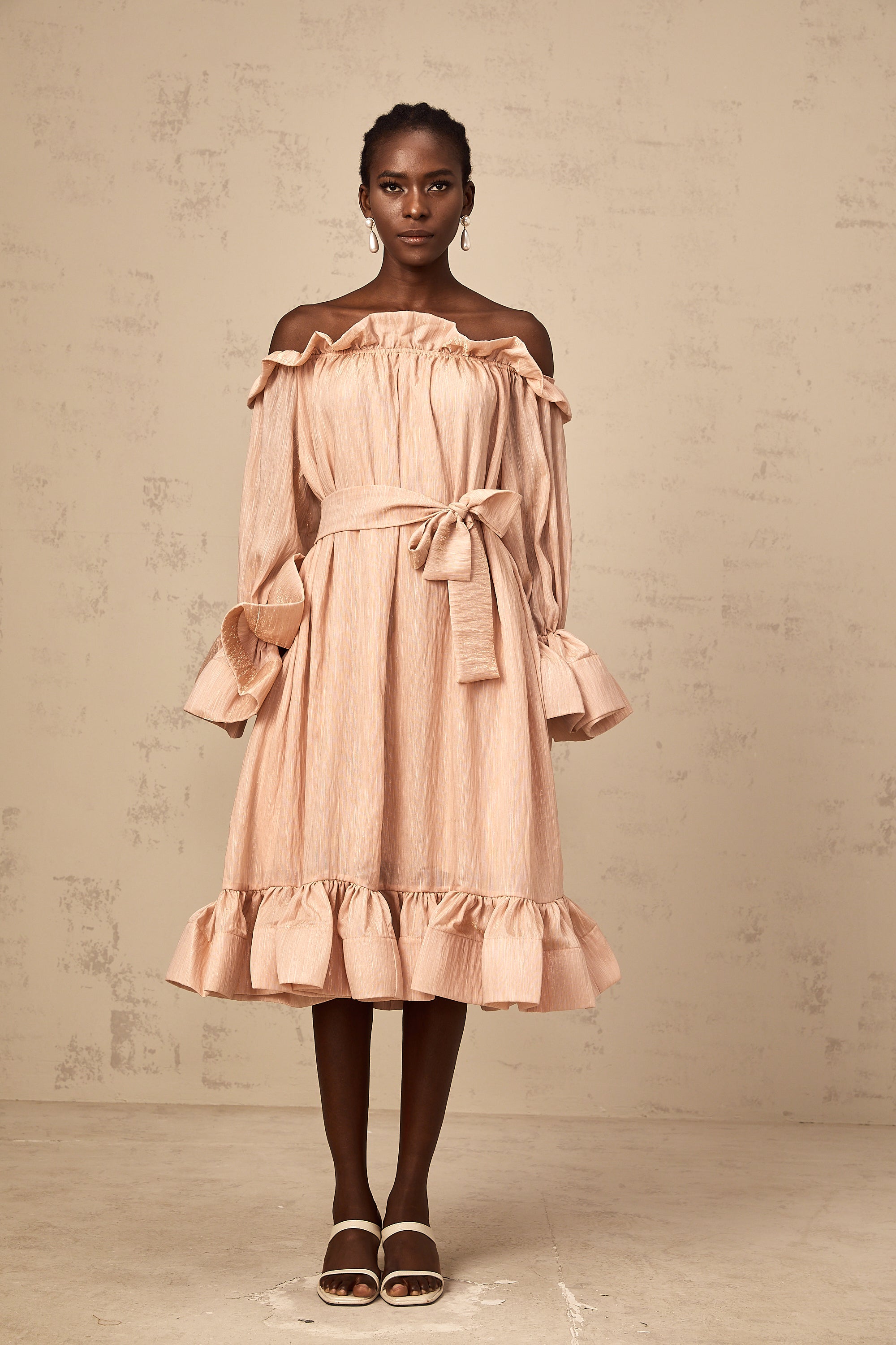 Agathe pink tied-waist ruffled midi dress