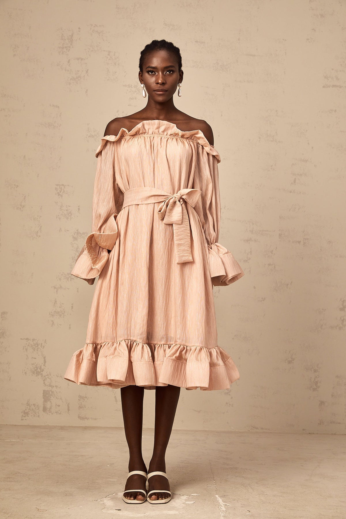 Agathe pink tied-waist ruffled midi dress