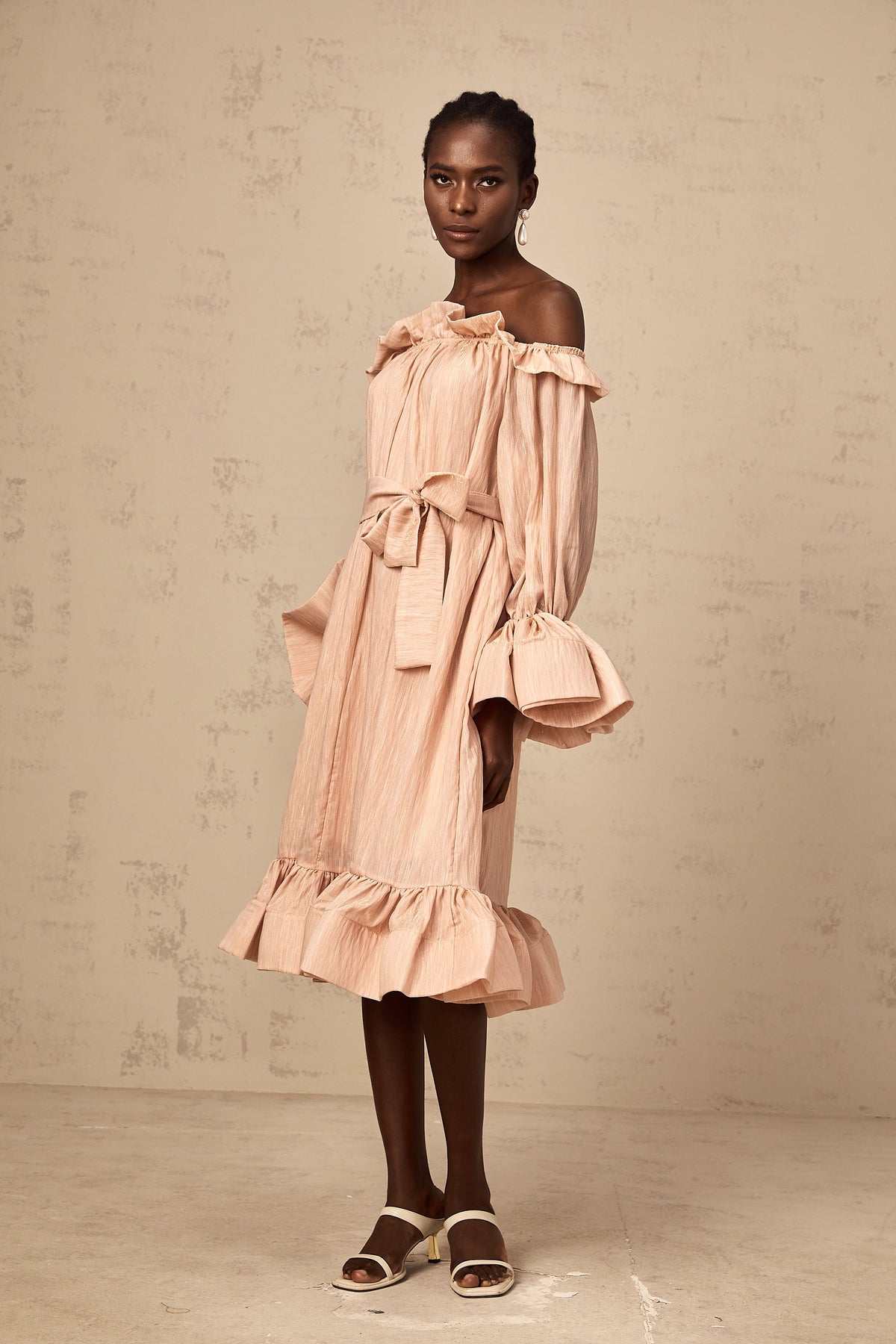 Agathe pink tied-waist ruffled midi dress