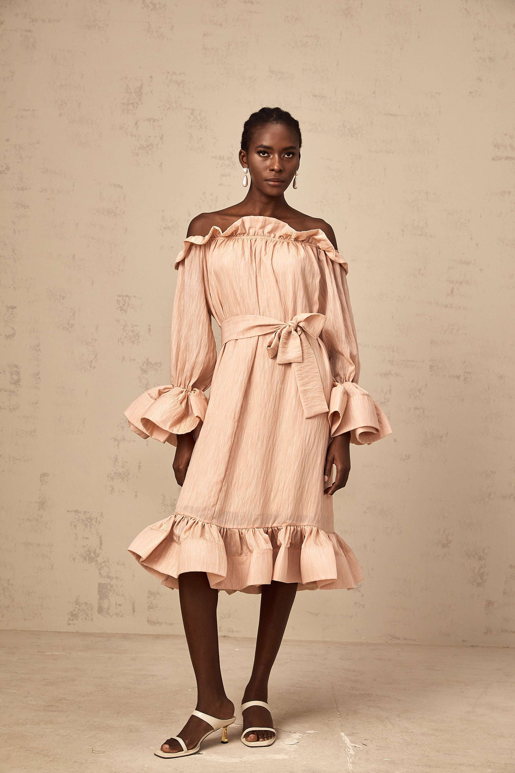 Agathe pink tied-waist ruffled midi dress