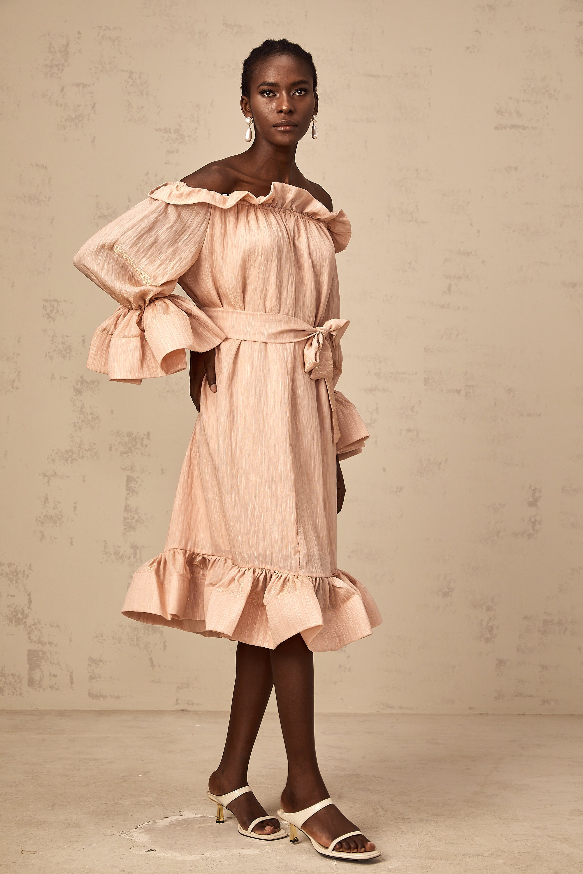 Agathe pink tied-waist ruffled midi dress