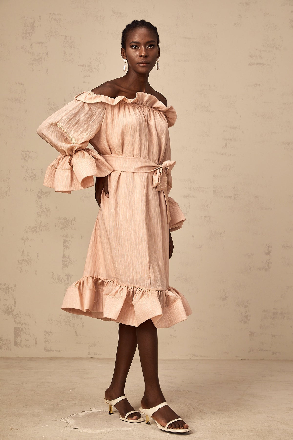 Agathe pink tied-waist ruffled midi dress