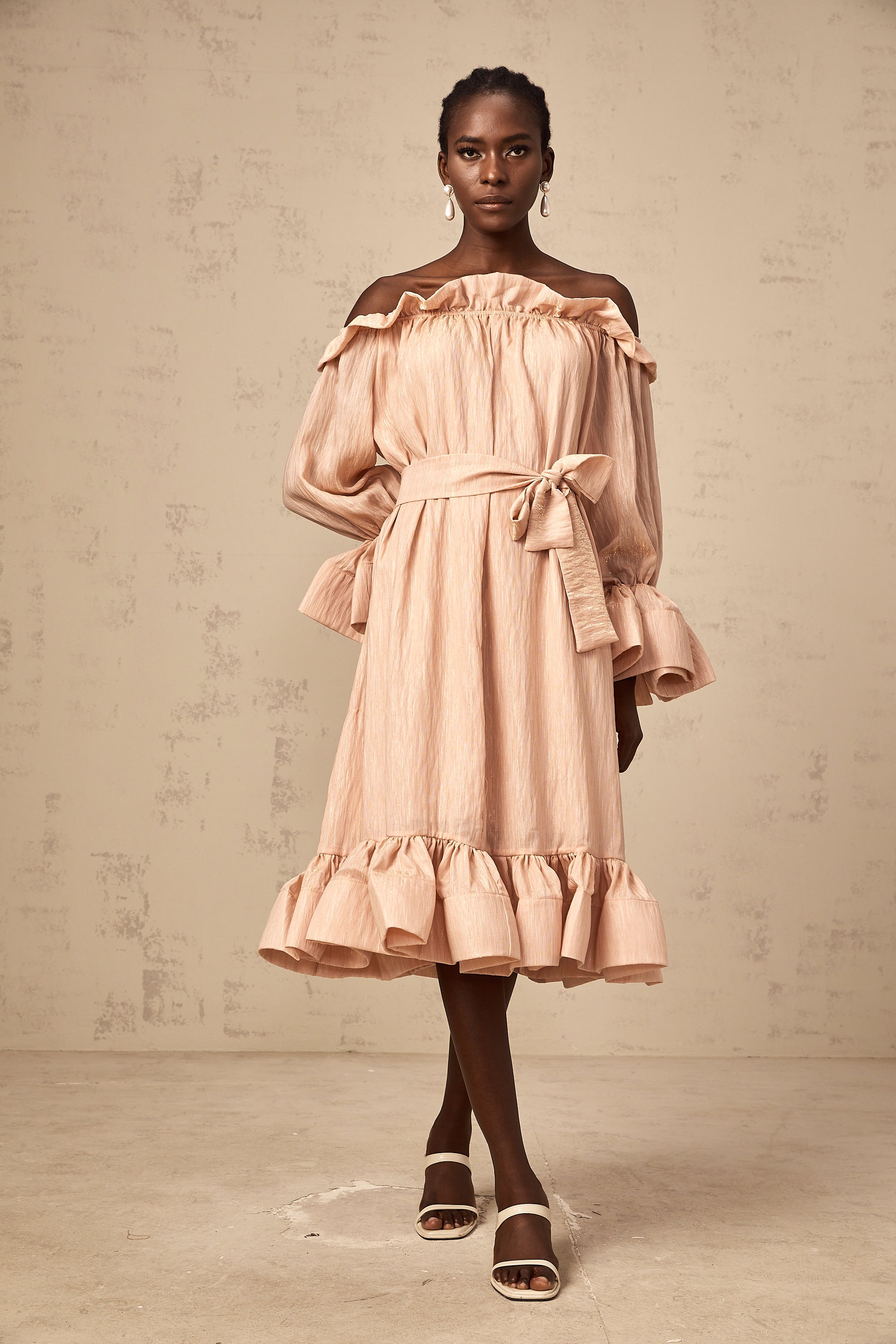 Agathe pink tied-waist ruffled midi dress