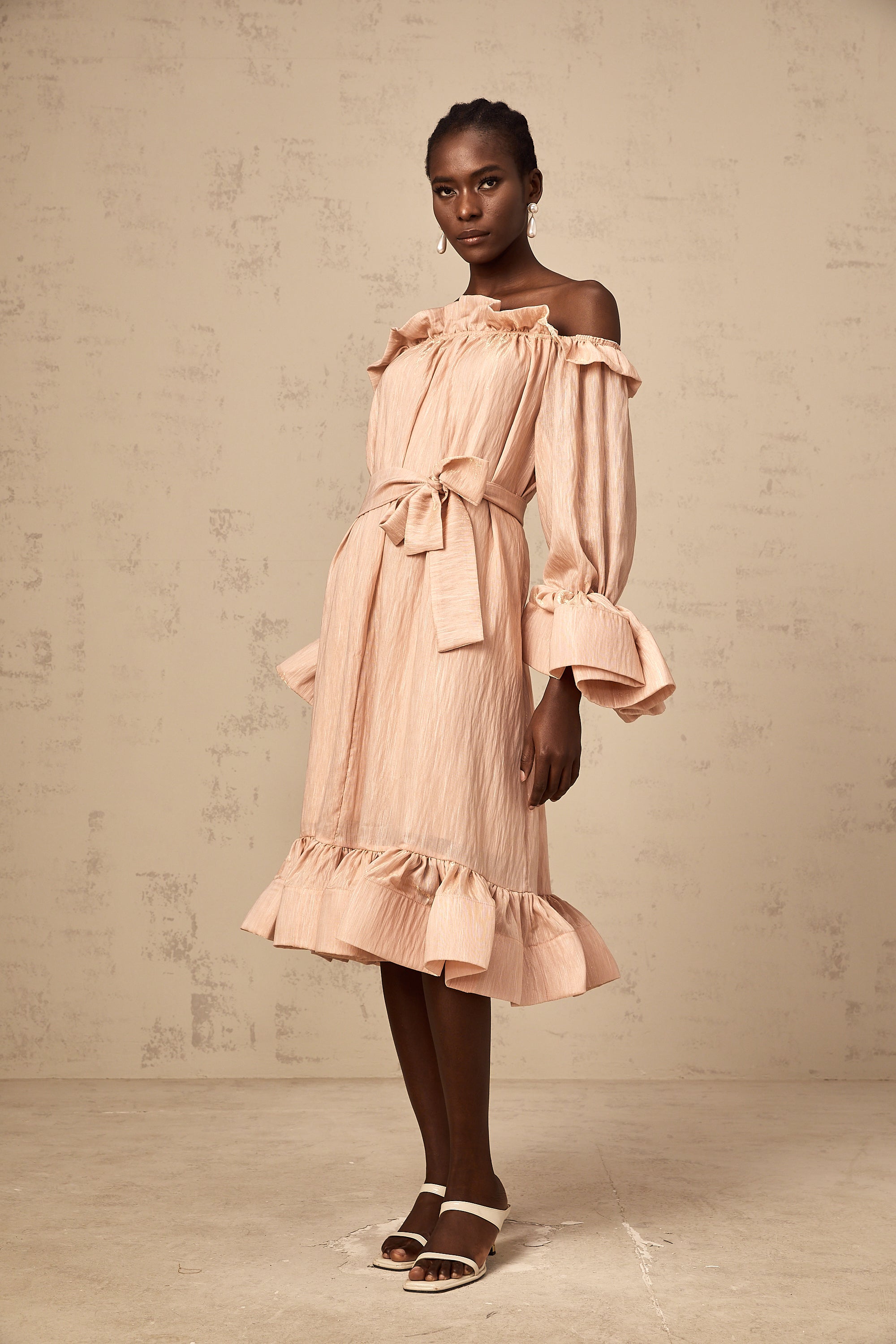 Agathe pink tied-waist ruffled midi dress