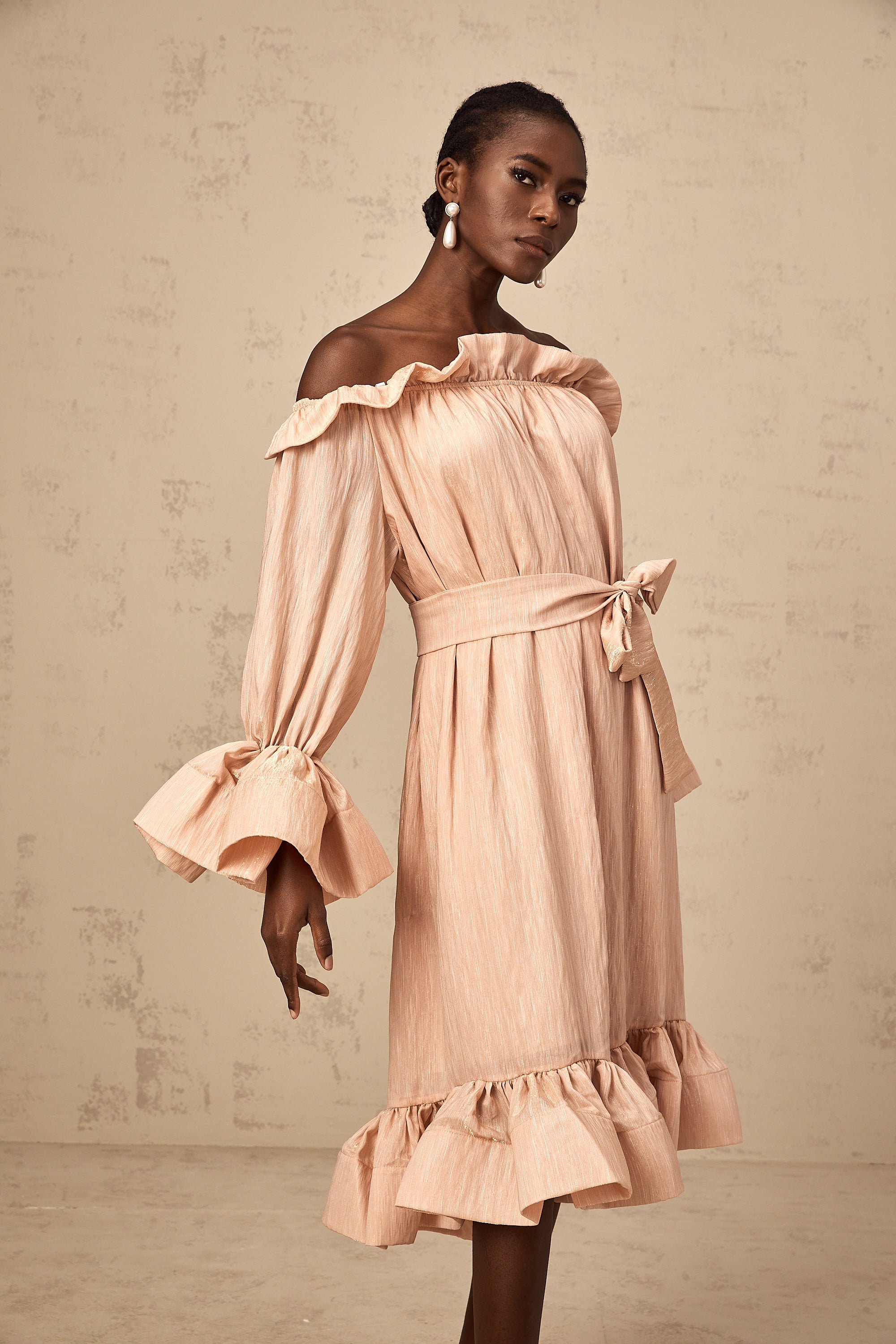 Agathe pink tied-waist ruffled midi dress