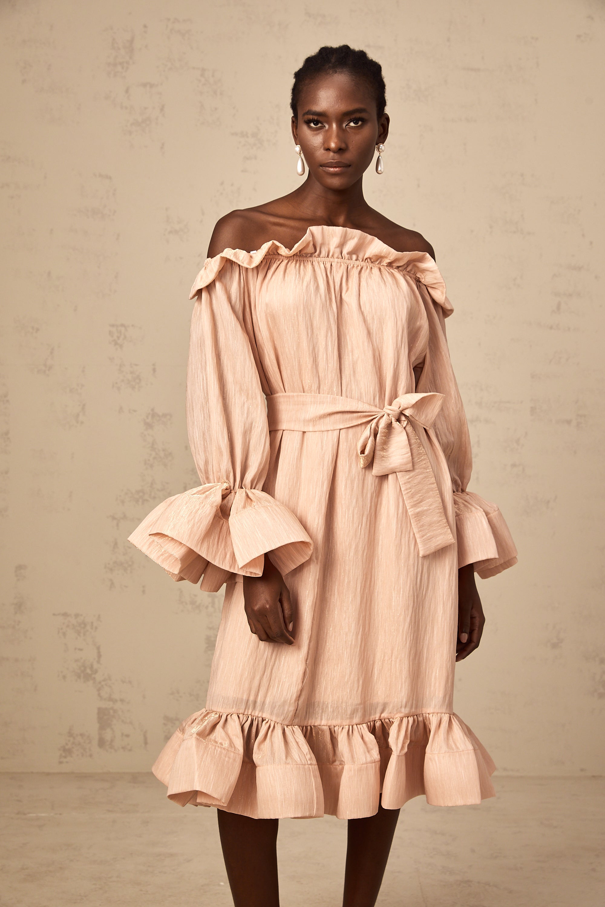 Agathe pink tied-waist ruffled midi dress