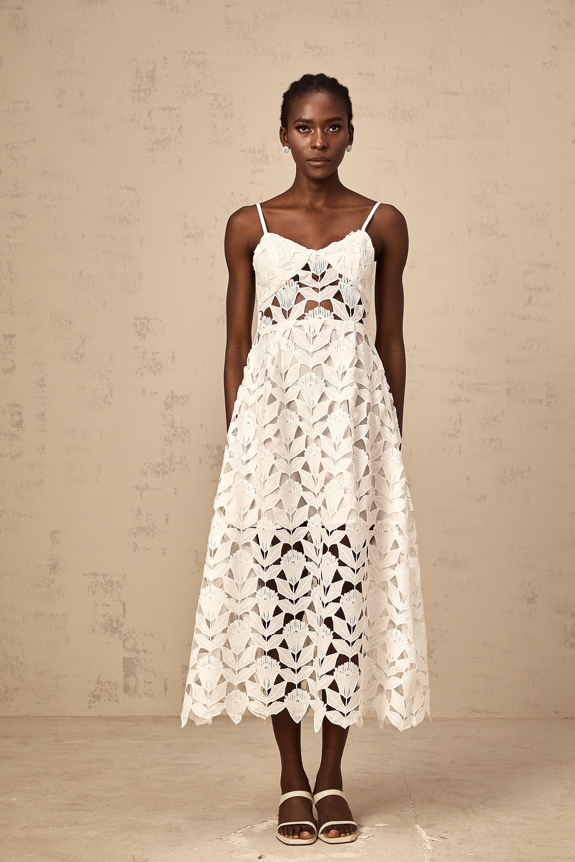 Delphine white cut-out lace midi dress