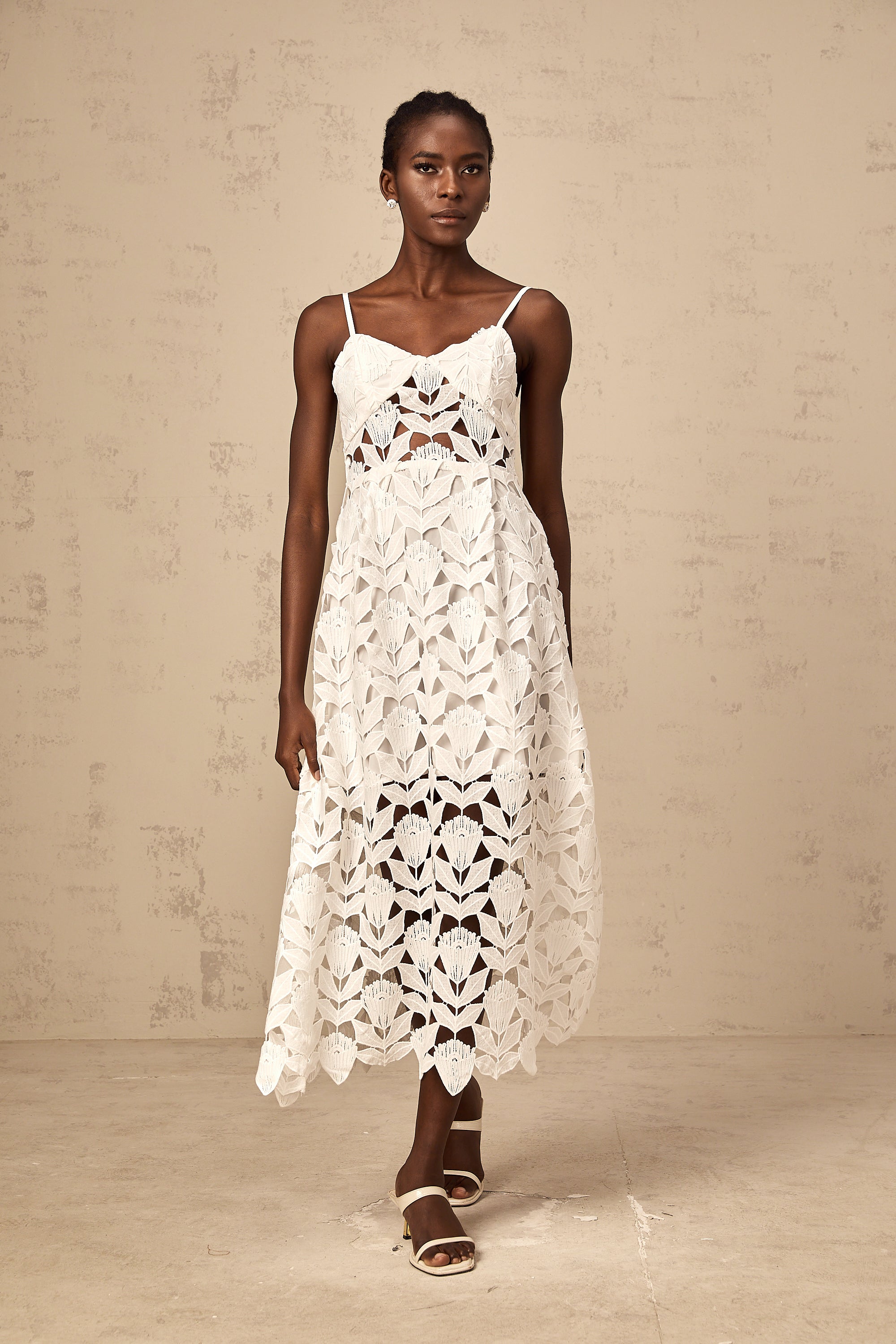 Delphine white cut-out lace midi dress
