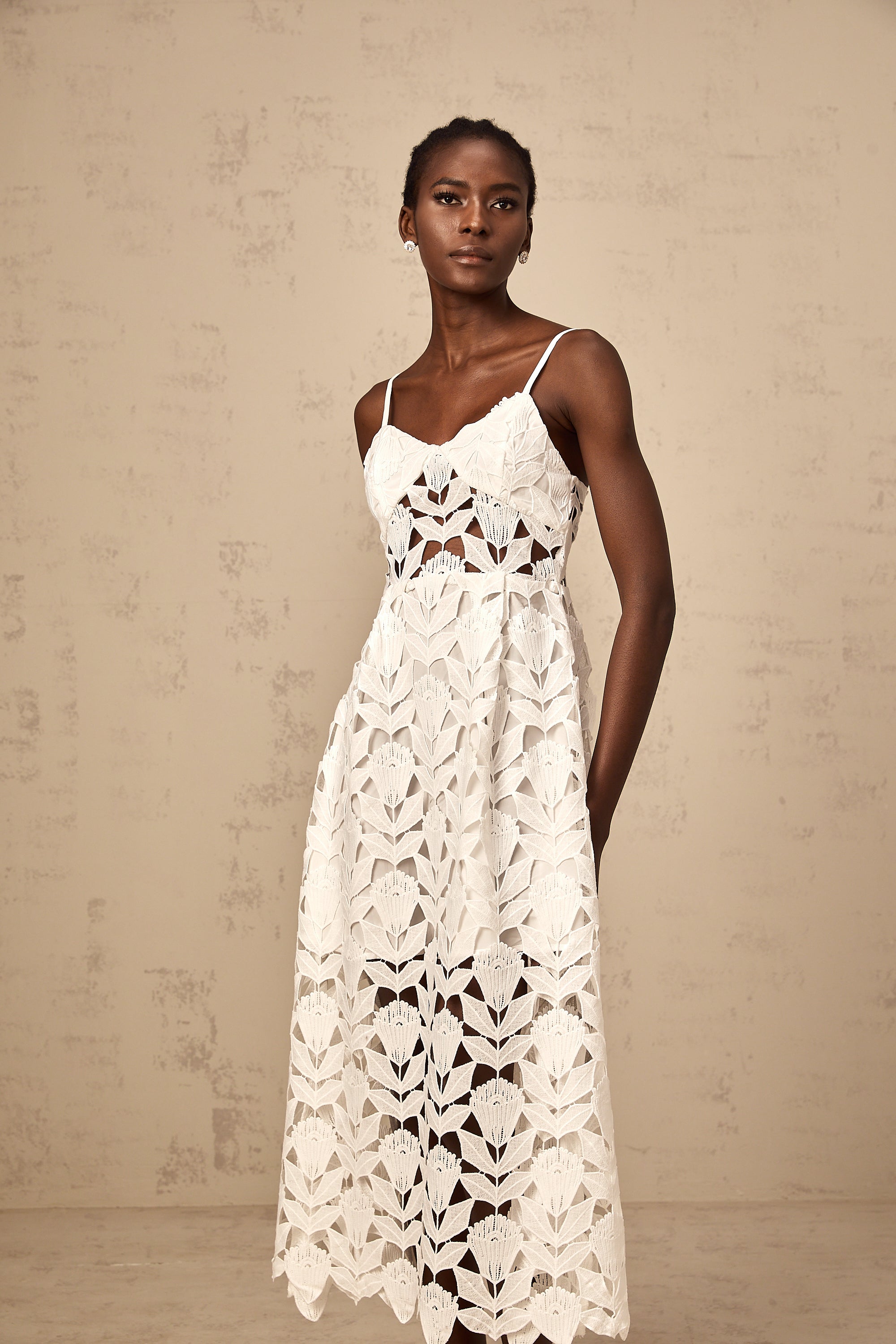 Delphine white cut-out lace midi dress