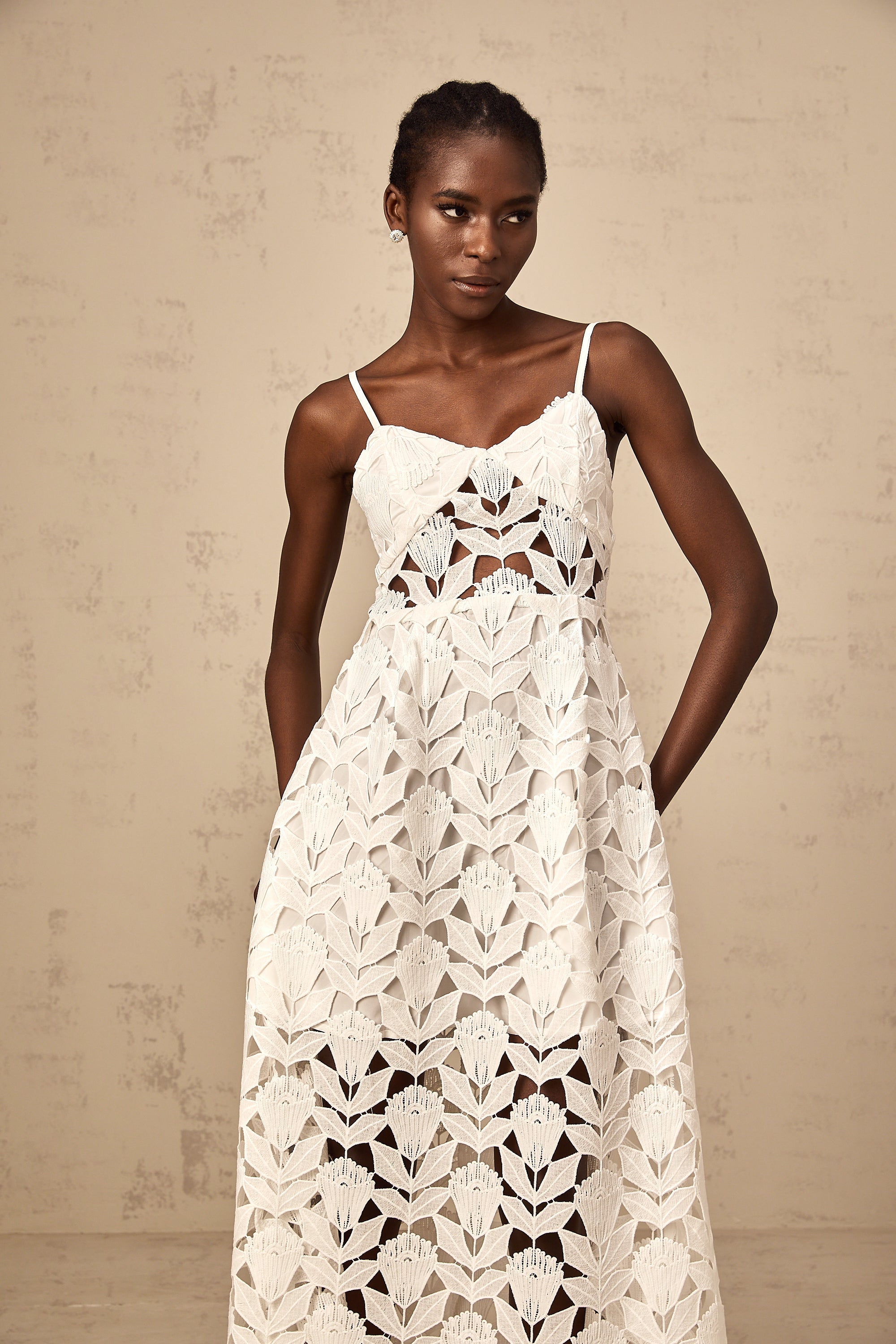 Delphine white cut-out lace midi dress