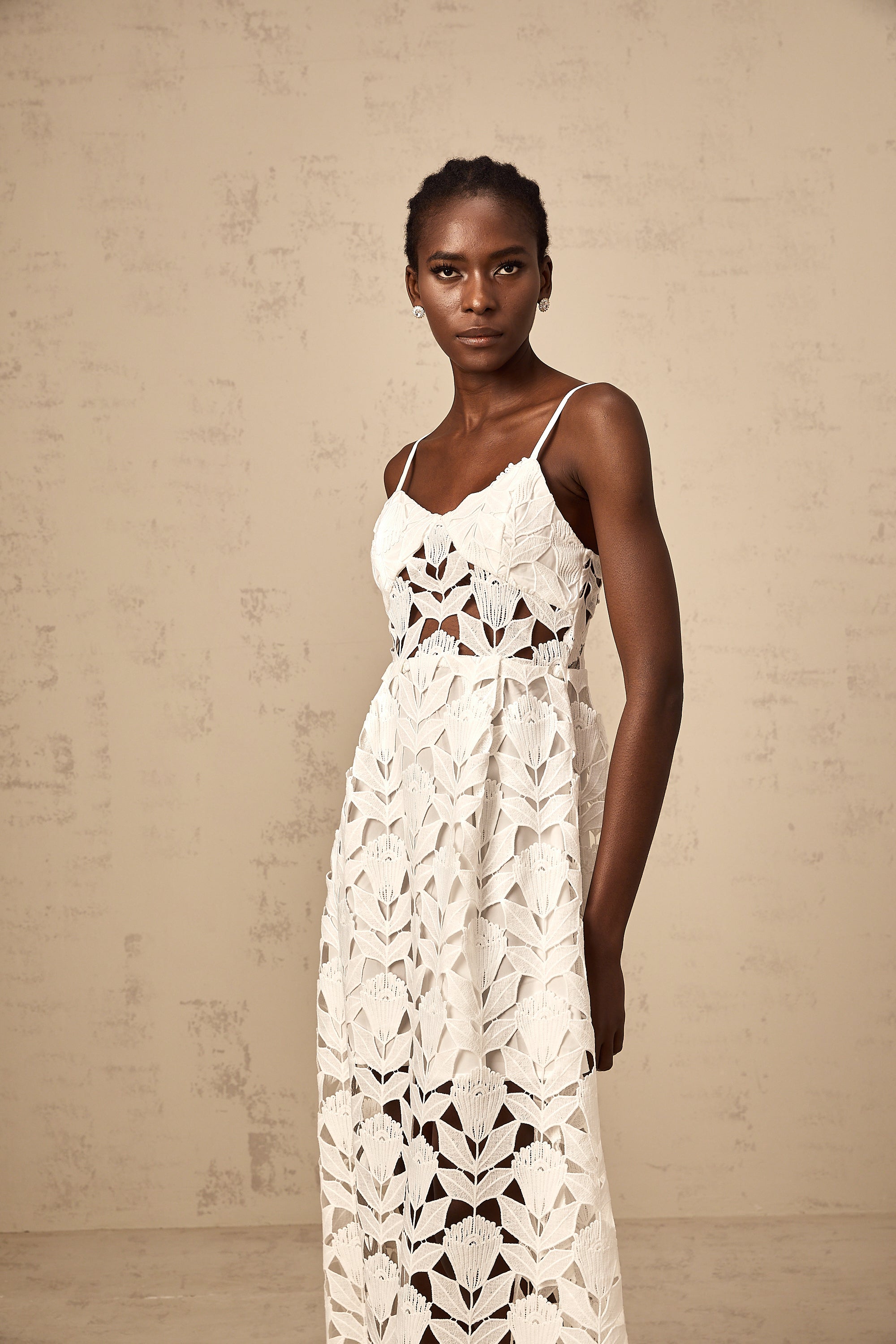 Delphine white cut-out lace midi dress
