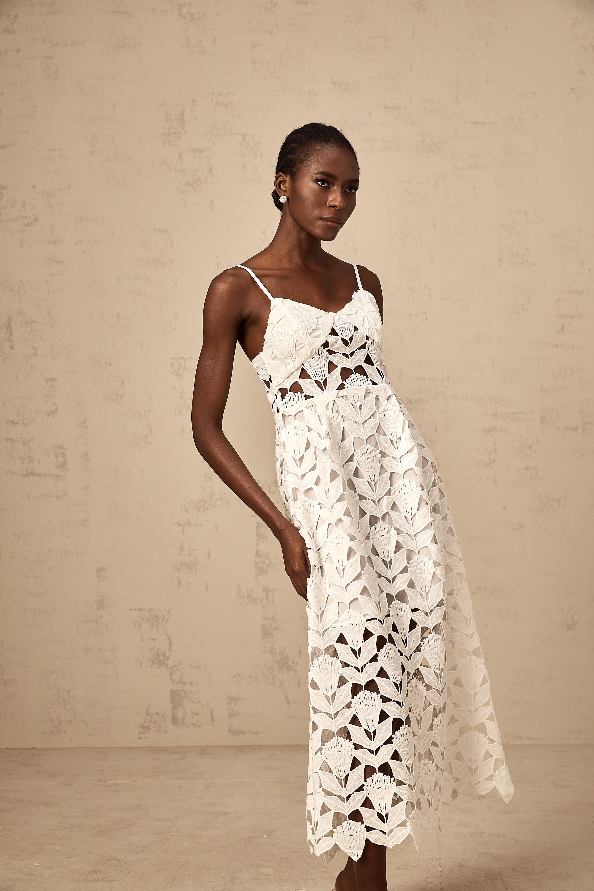 Delphine white cut-out lace midi dress