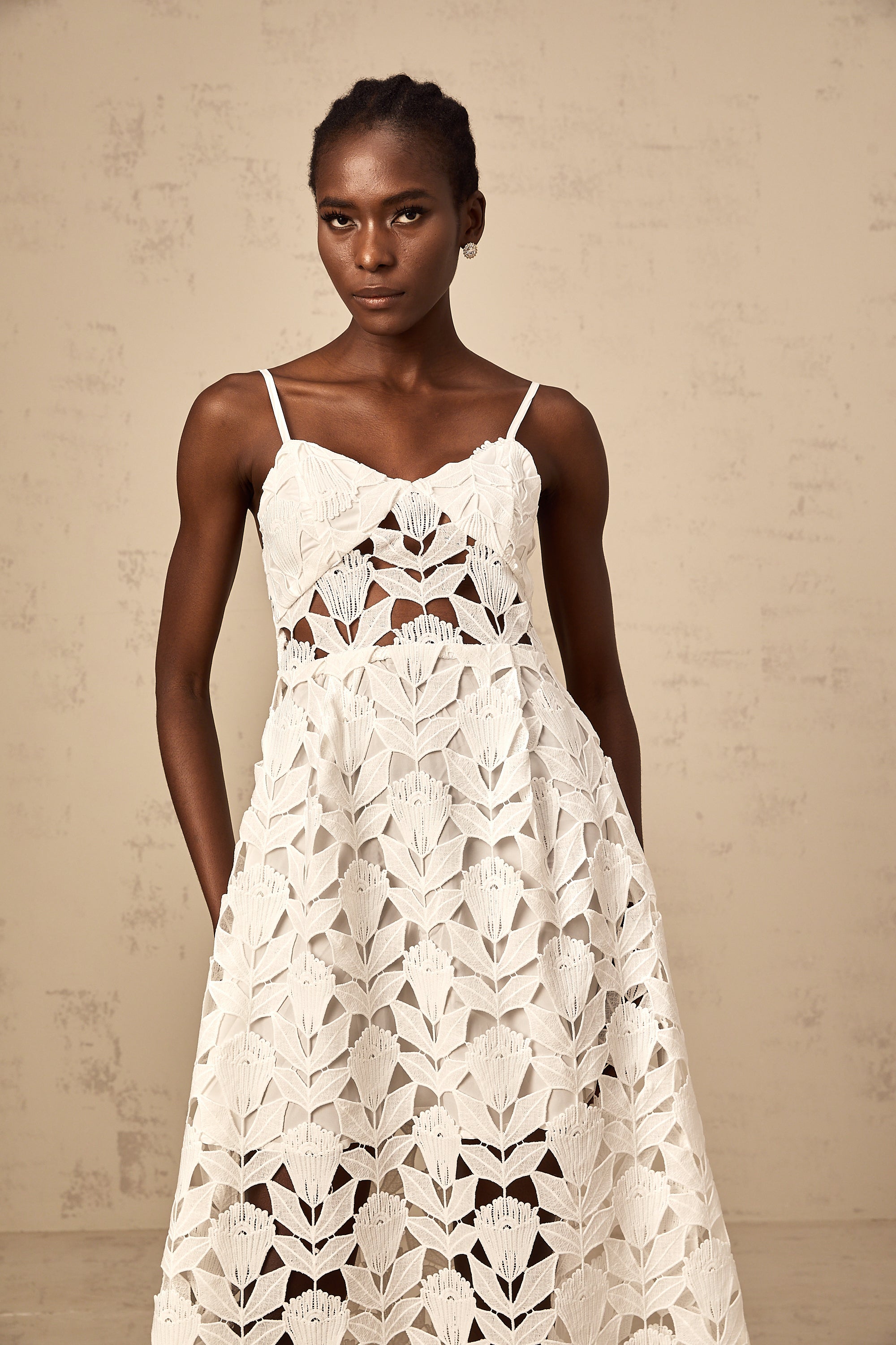 Delphine white cut-out lace midi dress