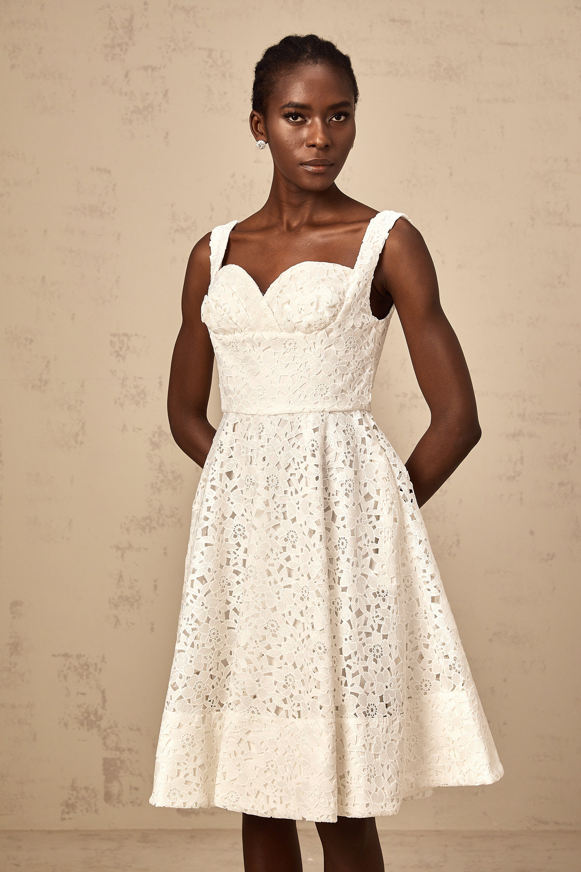 Nicolette white floral-lace midi dress