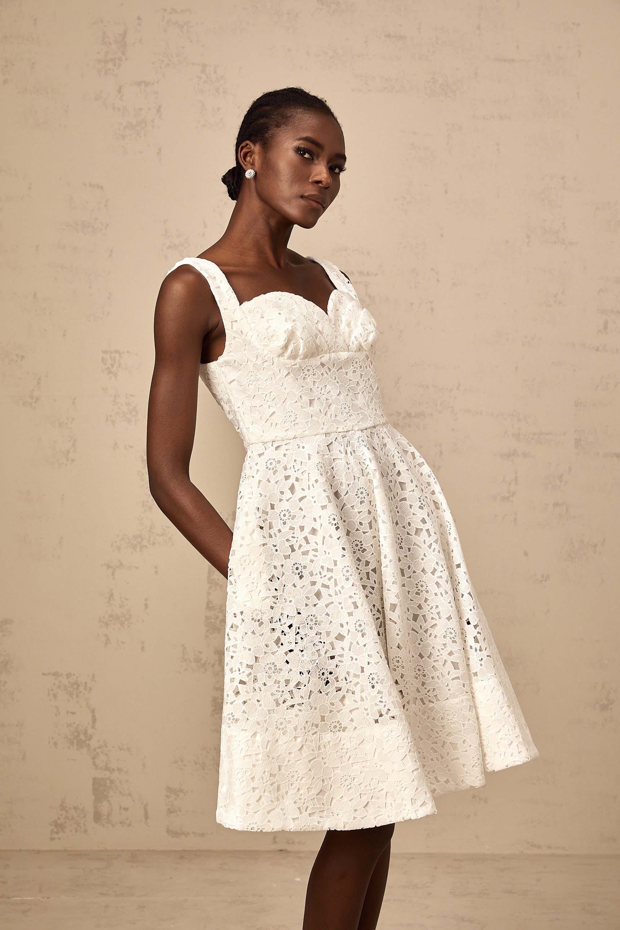 Nicolette white floral-lace midi dress