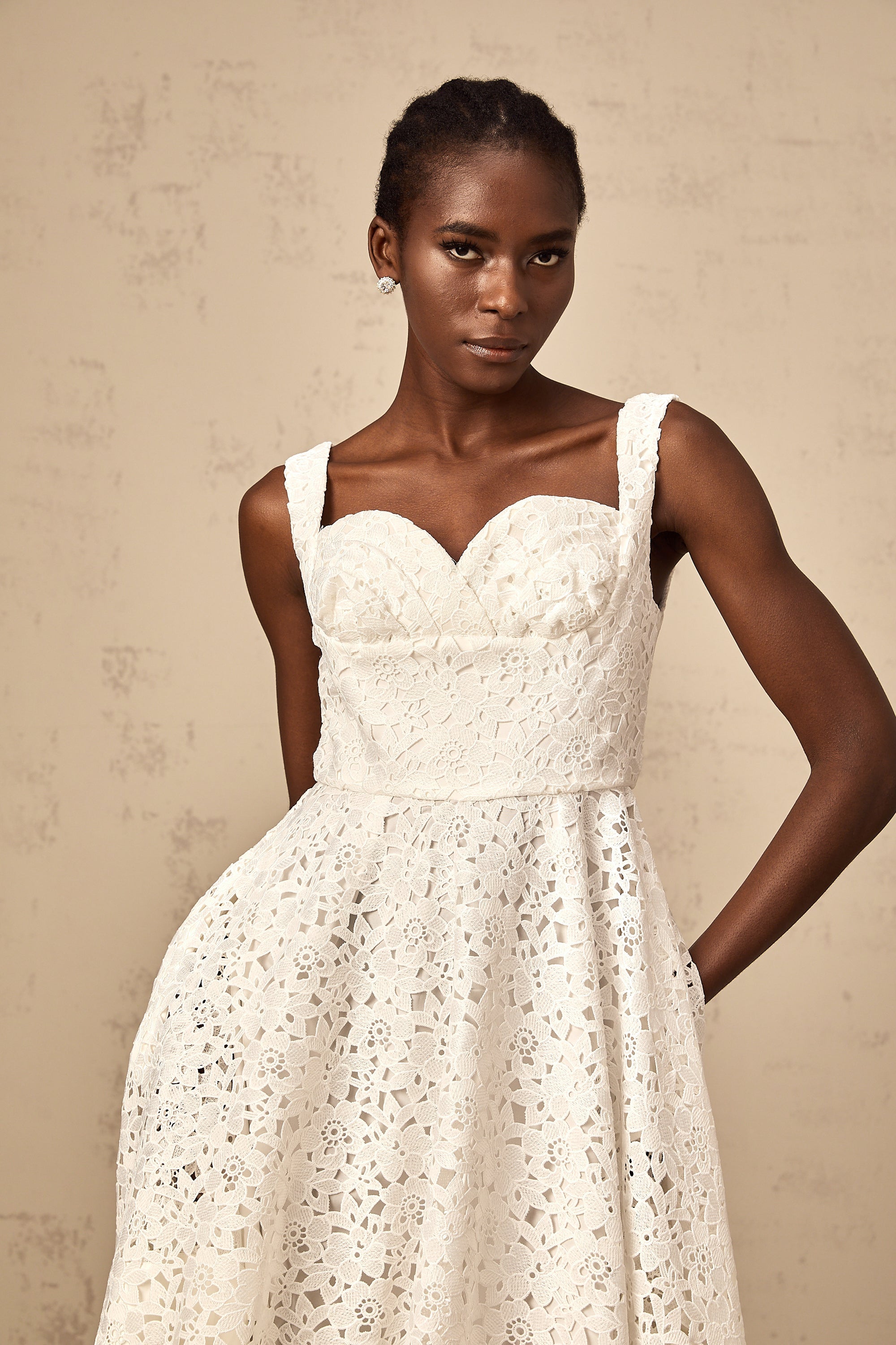 Nicolette white floral-lace midi dress