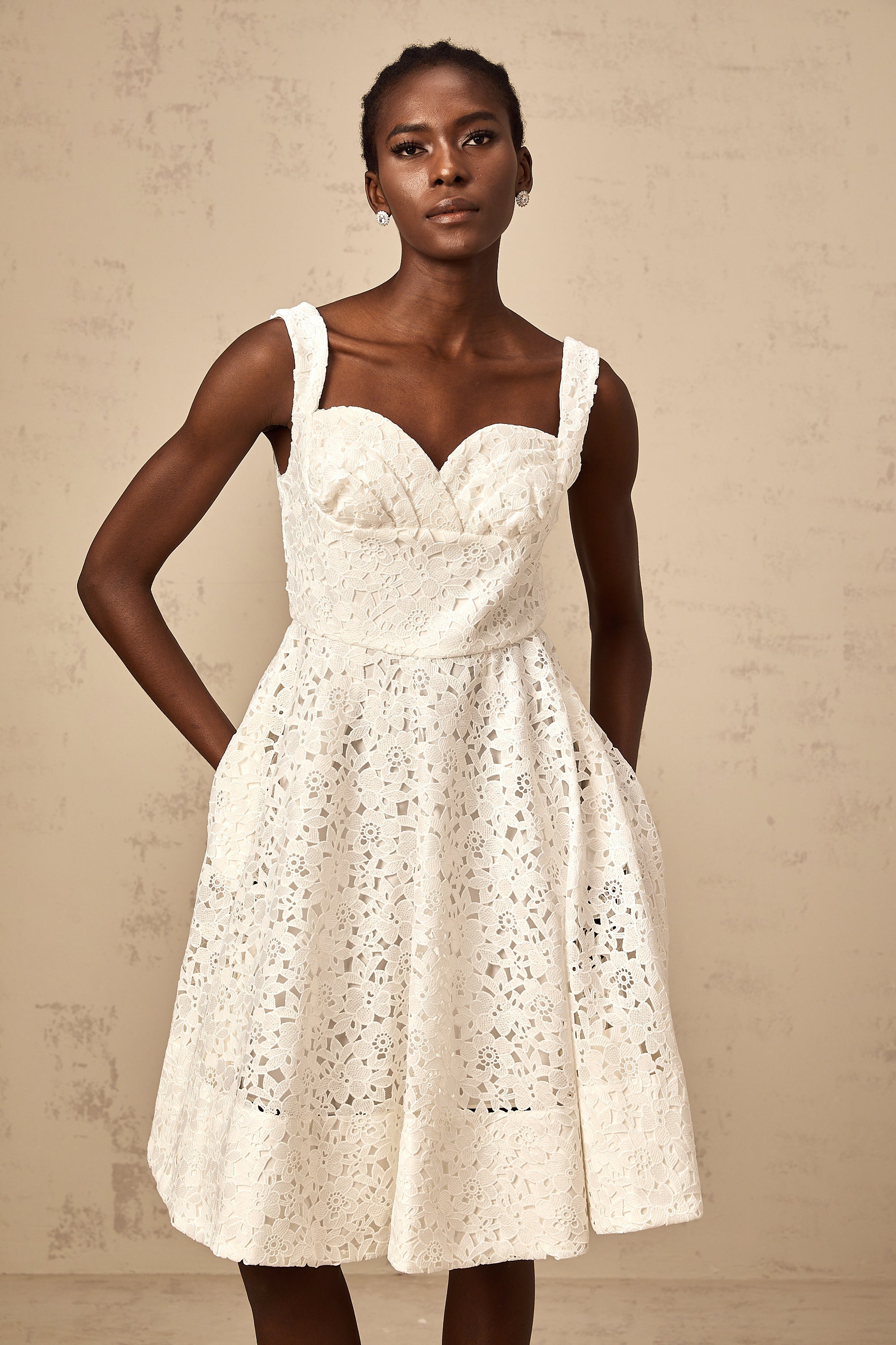Nicolette white floral-lace midi dress