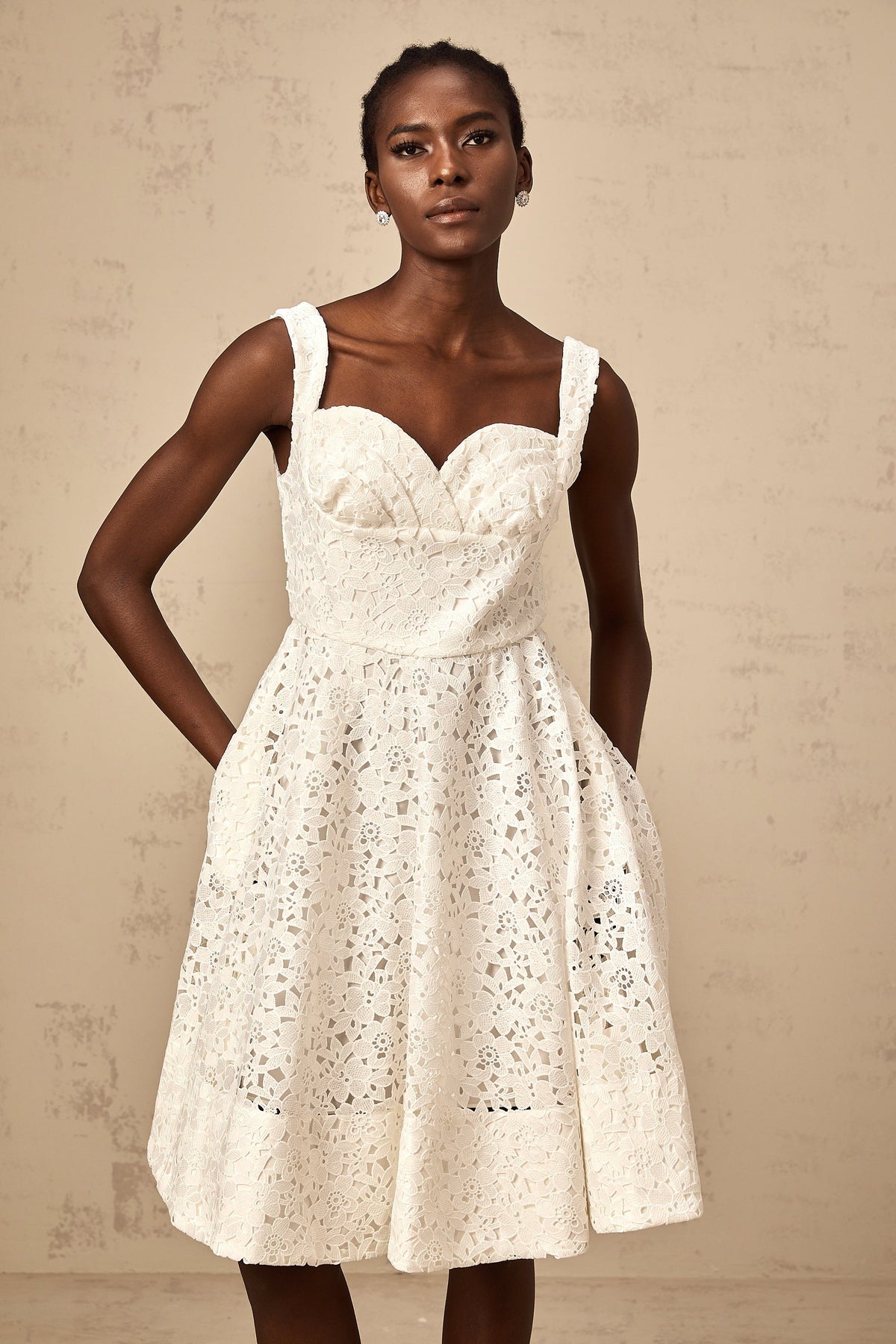 Nicolette white floral-lace midi dress