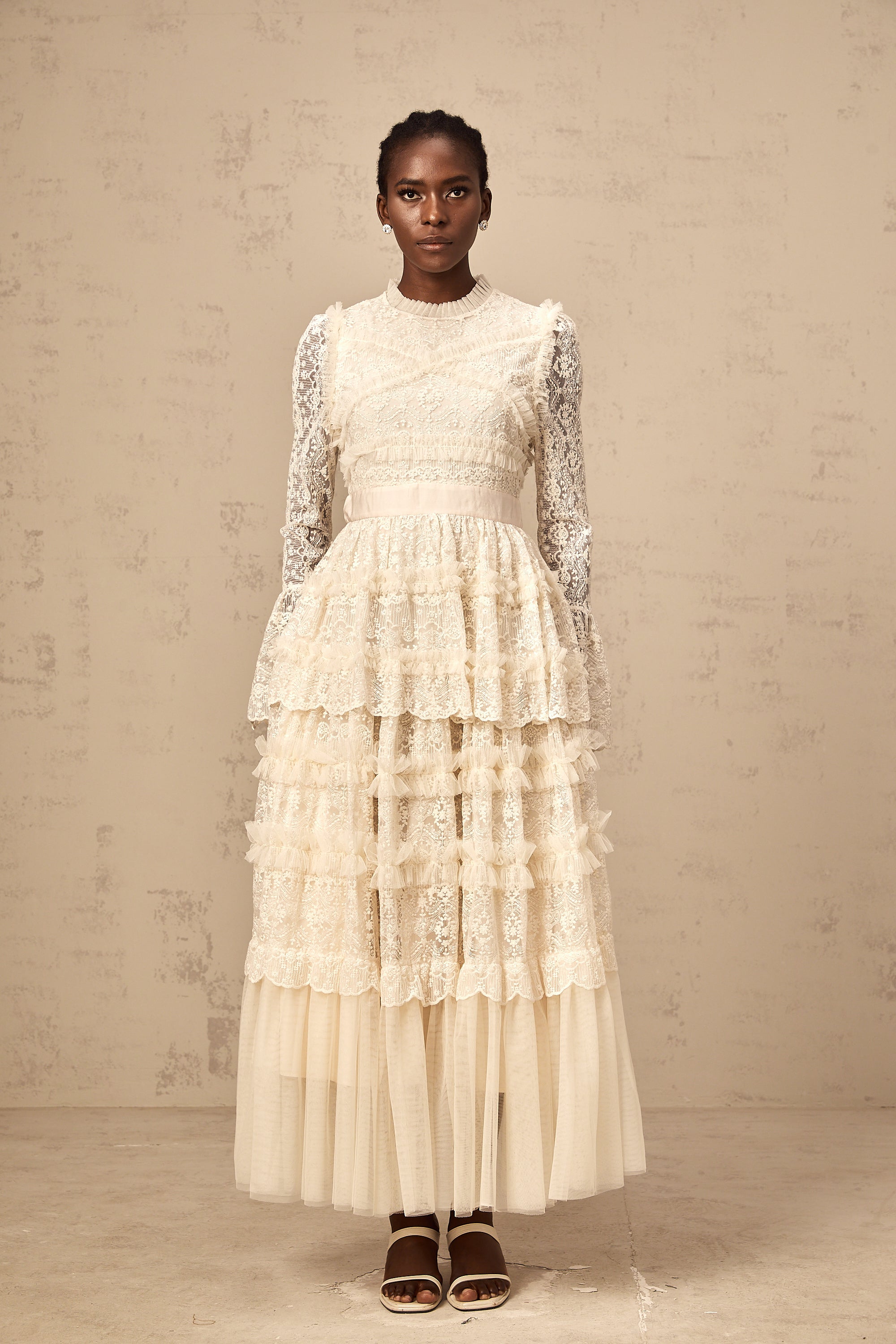 Agnès neutrals lace-panel ruffled tulle maxi dress