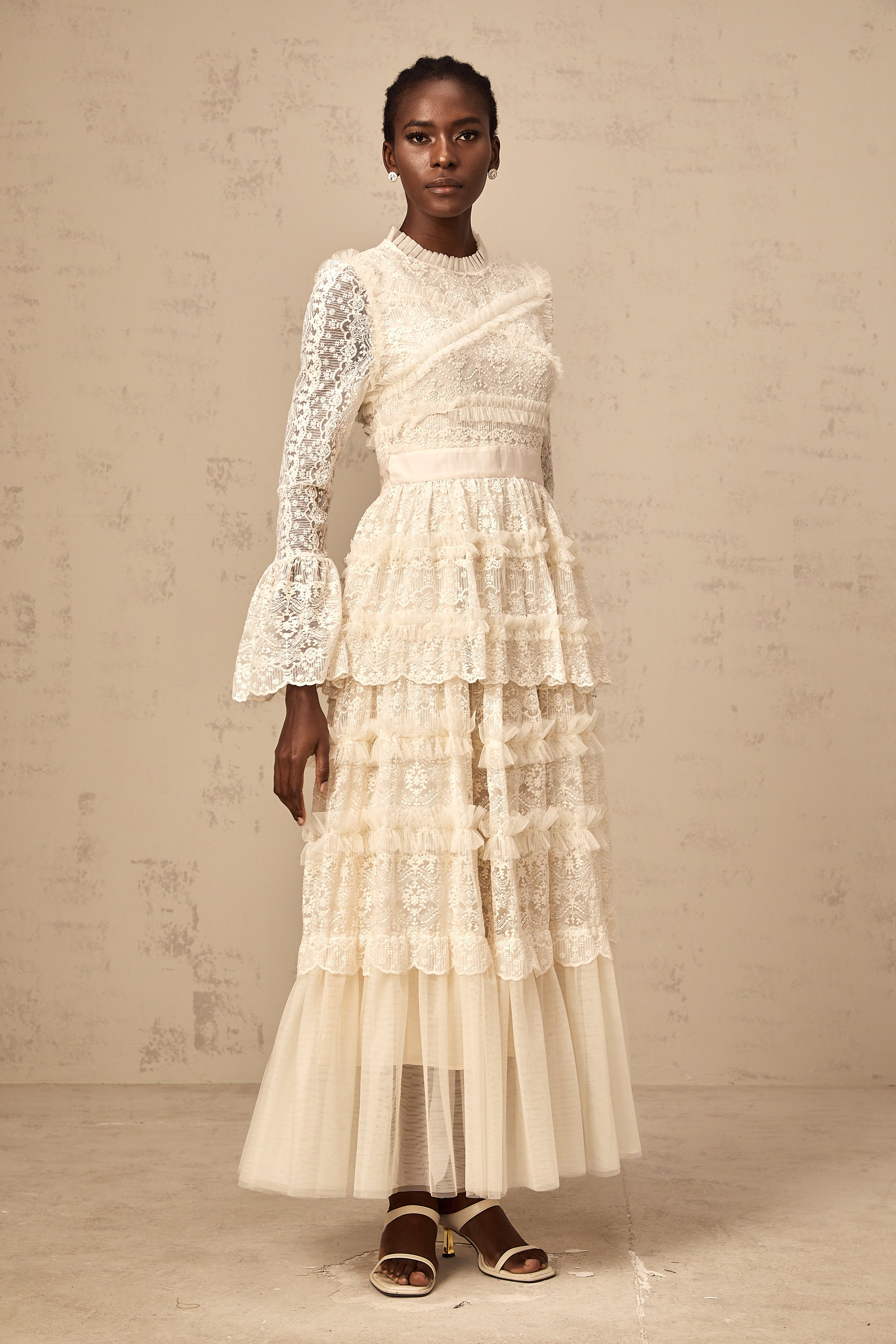 Agnès neutrals lace-panel ruffled tulle maxi dress