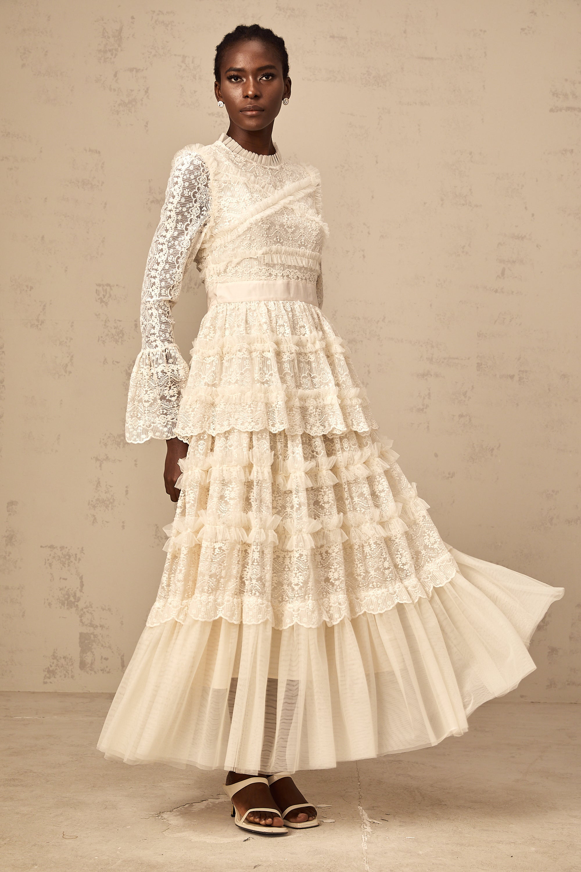 Agnès neutrals lace-panel ruffled tulle maxi dress
