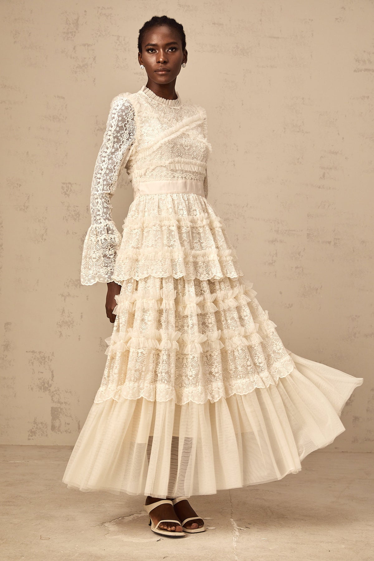 Agnès neutrals lace-panel ruffled tulle maxi dress
