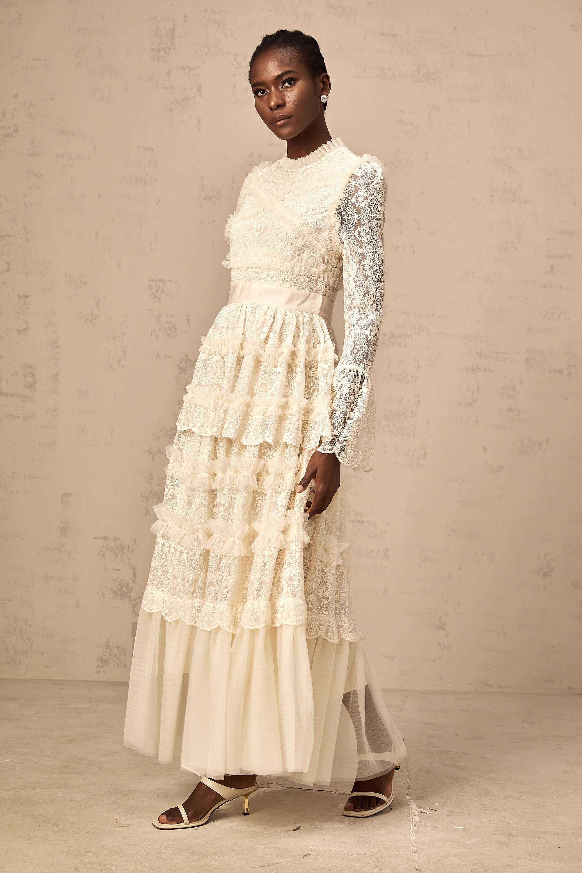 Agnès neutrals lace-panel ruffled tulle maxi dress