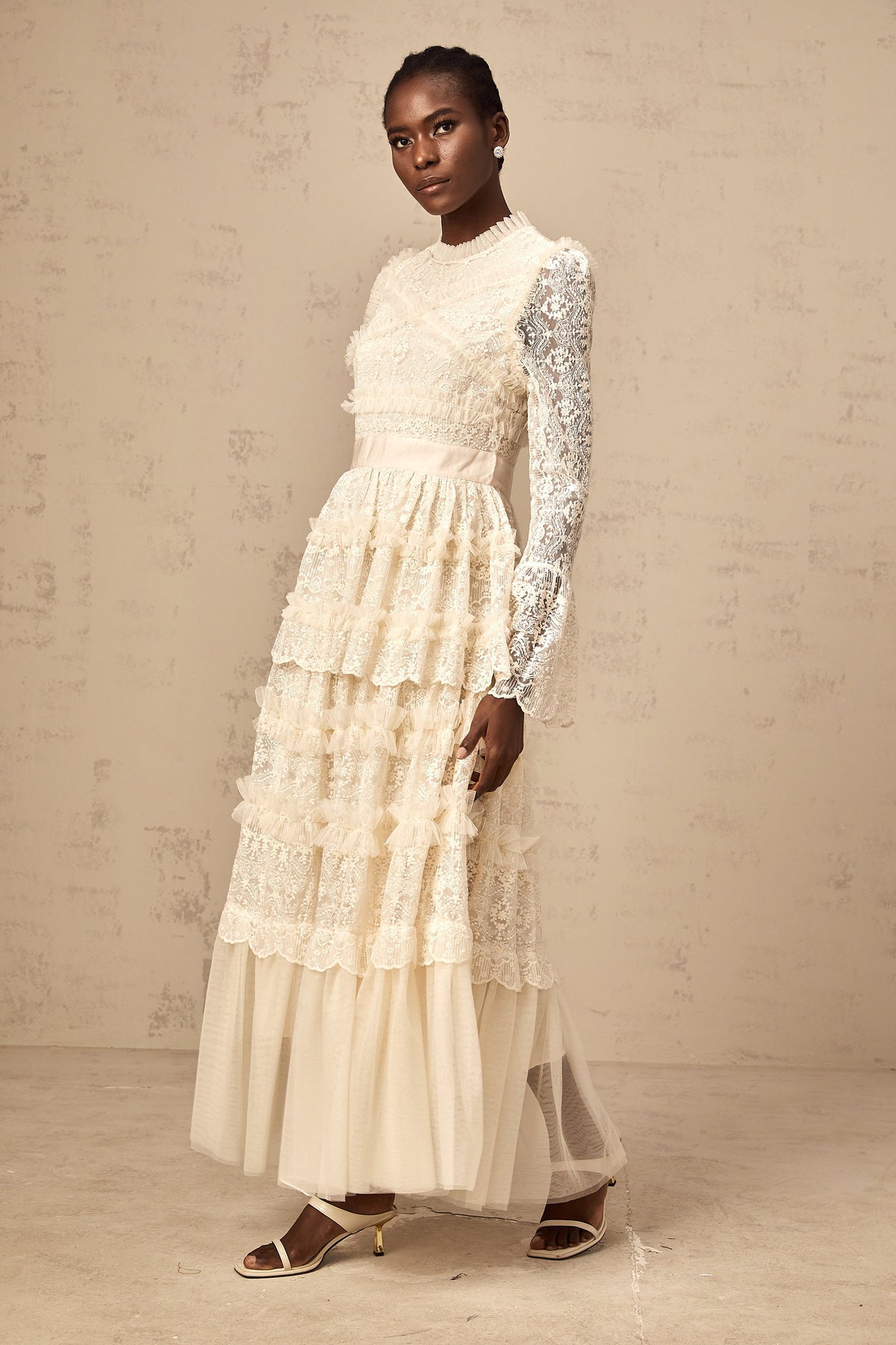 Agnès neutrals lace-panel ruffled tulle maxi dress