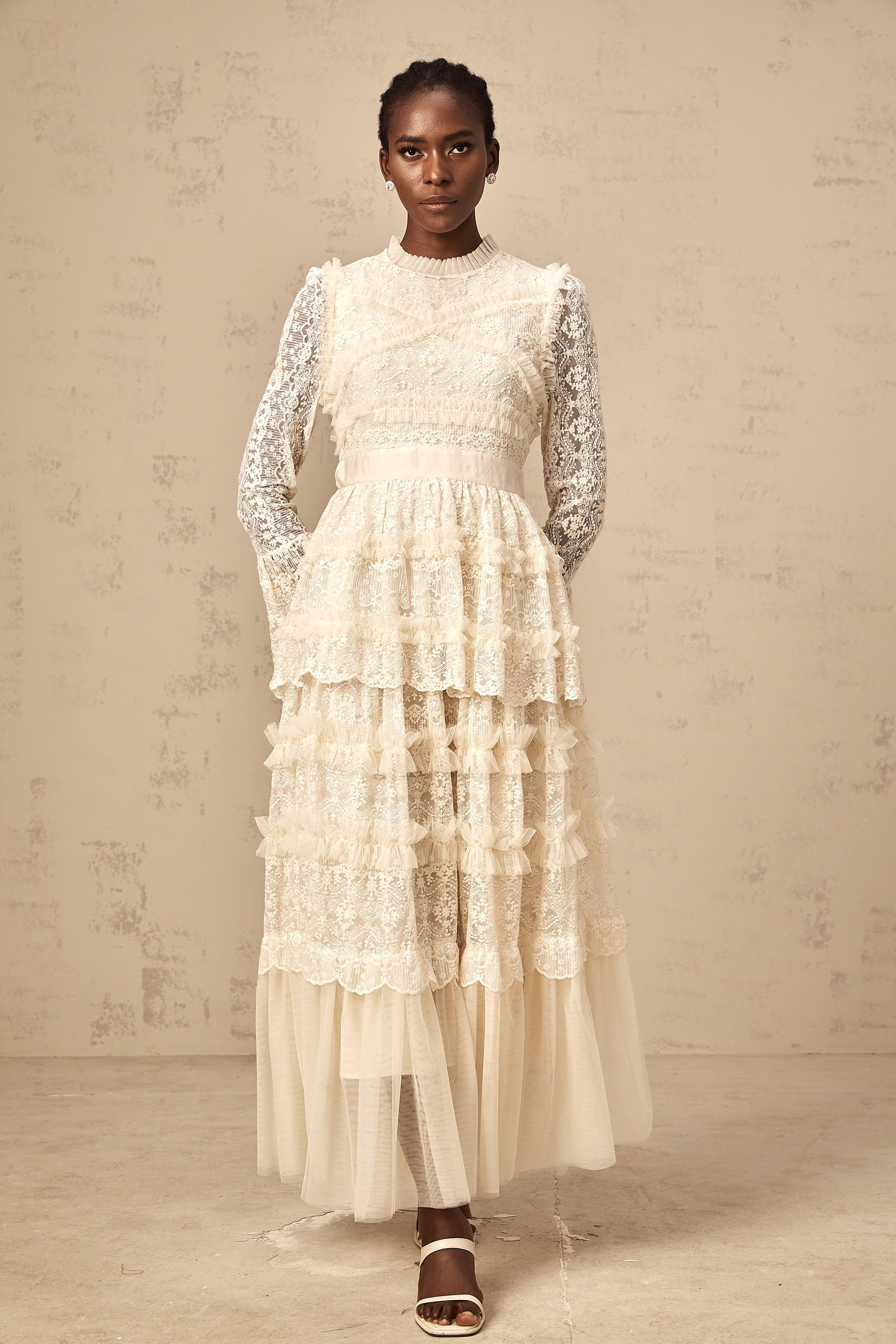 Agnès neutrals lace-panel ruffled tulle maxi dress